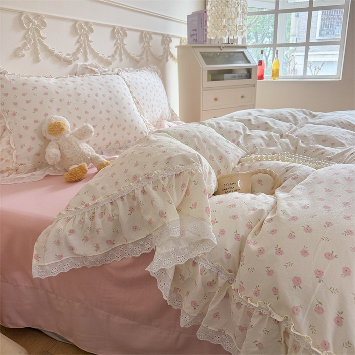 91家纺网 家纺一手货源 找家纺 吾欢心 2026新款古法水洗棉韩版公主风双层花边四件套 花仙子