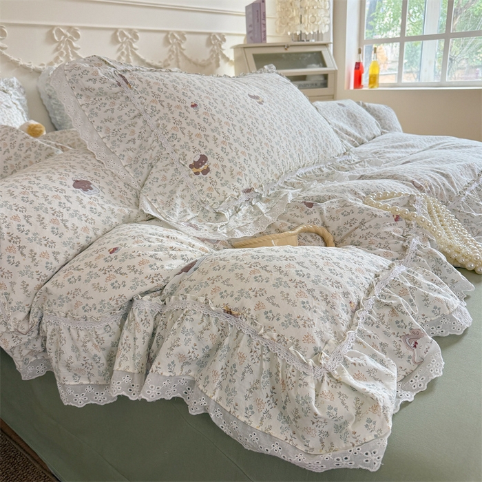 91家纺网 家纺一手货源 找家纺 吾欢心 2026新款古法水洗棉韩版公主风双层花边四件套 晚安狗