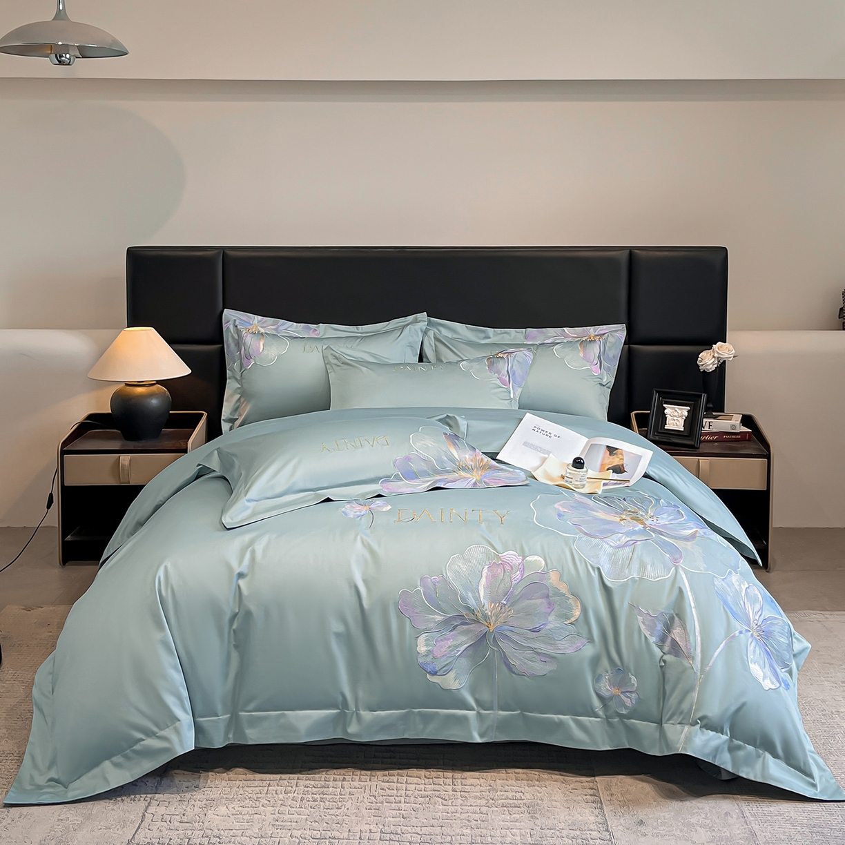 置顶家纺 2026新款春夏亲肤刺绣艾媞系列四件套 艾媞-水蓝