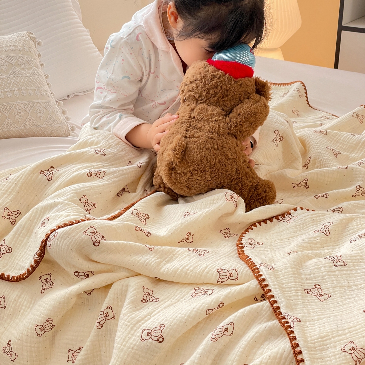 91家纺网 家纺一手货源 找家纺 优被业 2026新款A类全棉双层纱布毯夏被毯盖毯婴儿包被 贝贝熊