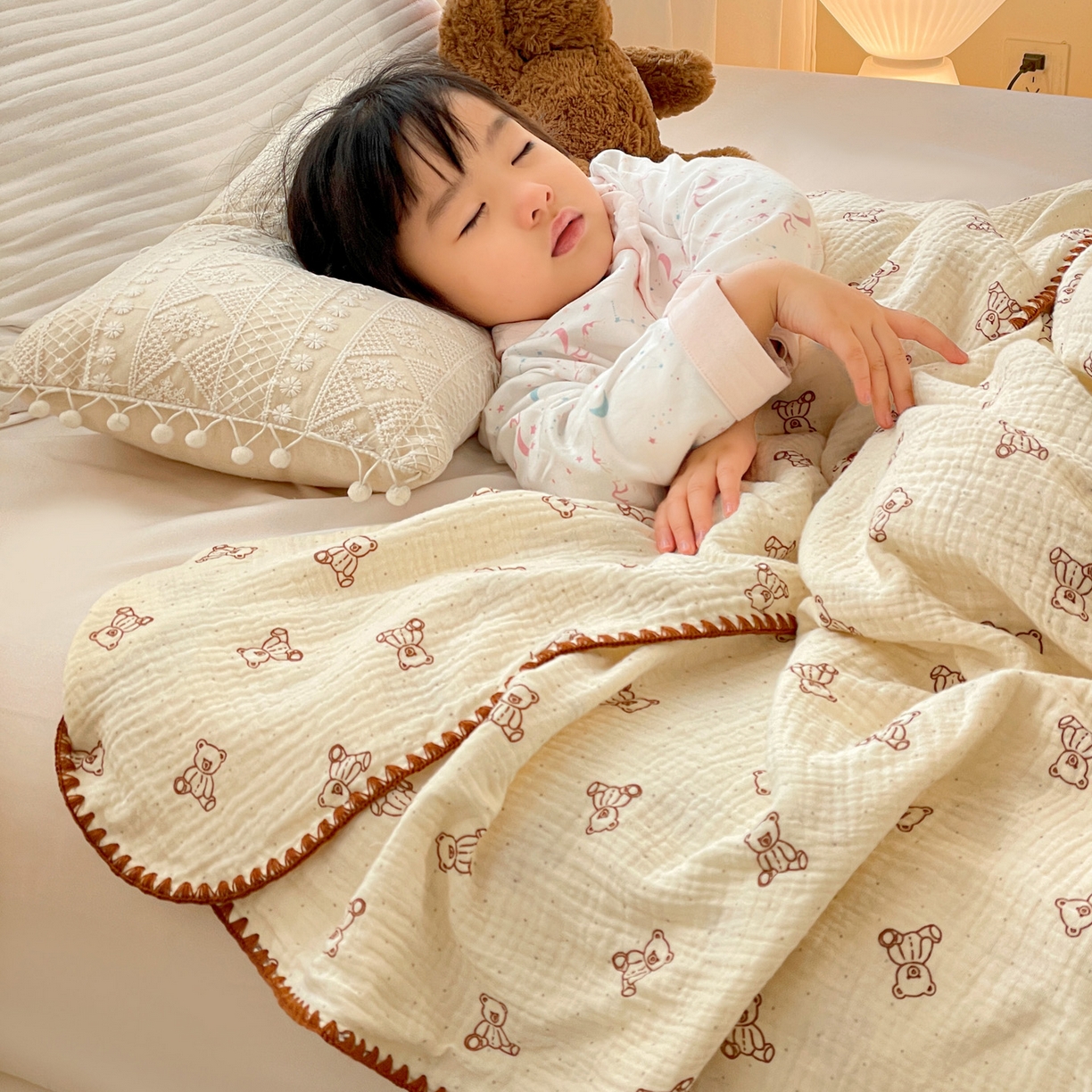 91家纺网 家纺一手货源 找家纺 优被业 2026新款A类全棉双层纱布毯夏被毯盖毯婴儿包被 贝贝熊
