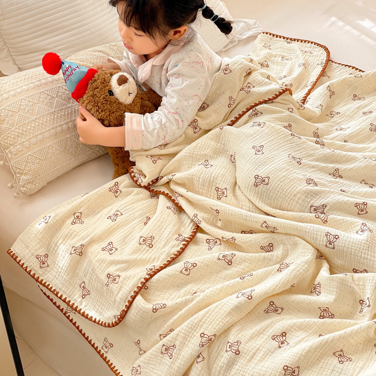 91家纺网 家纺一手货源 找家纺 优被业 2026新款A类全棉双层纱布毯夏被毯盖毯婴儿包被 贝贝熊