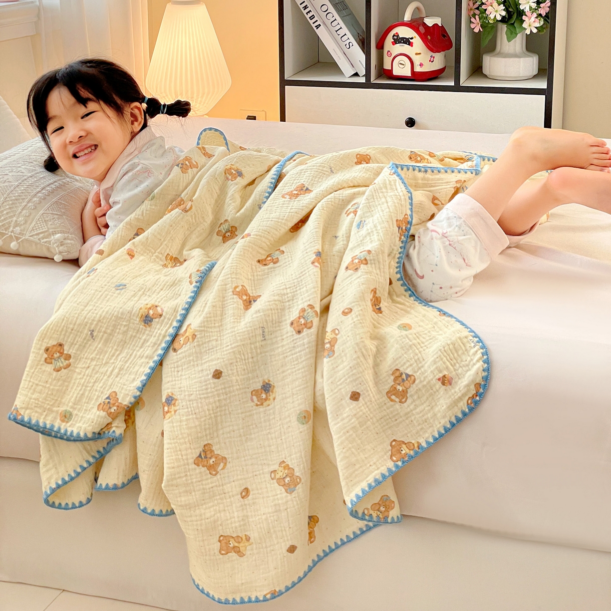 91家纺网 家纺一手货源 找家纺 优被业 2026新款A类全棉双层纱布毯夏被毯盖毯婴儿包被 抱抱熊