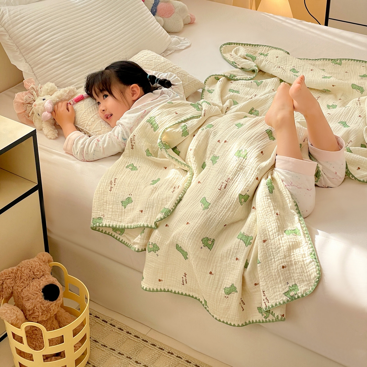 91家纺网 家纺一手货源 找家纺 优被业 2026新款A类全棉双层纱布毯夏被毯盖毯婴儿包被 小恐龙