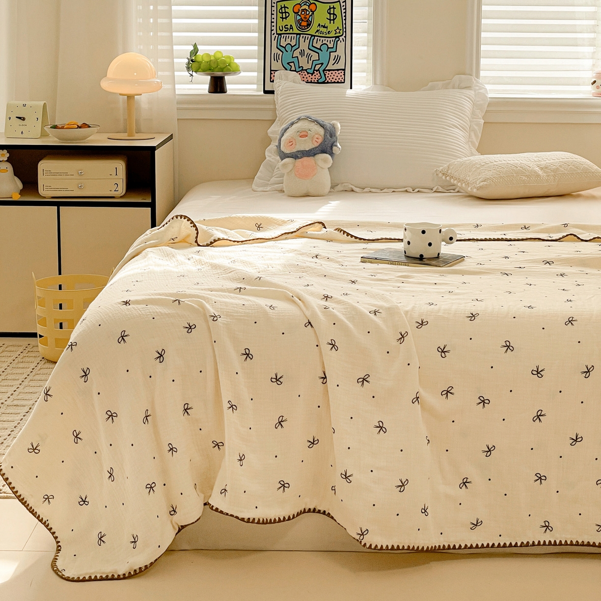 91家纺网 家纺一手货源 找家纺 优被业 2026新款A类全棉双层纱布毯夏被毯盖毯婴儿包被 蝴蝶结