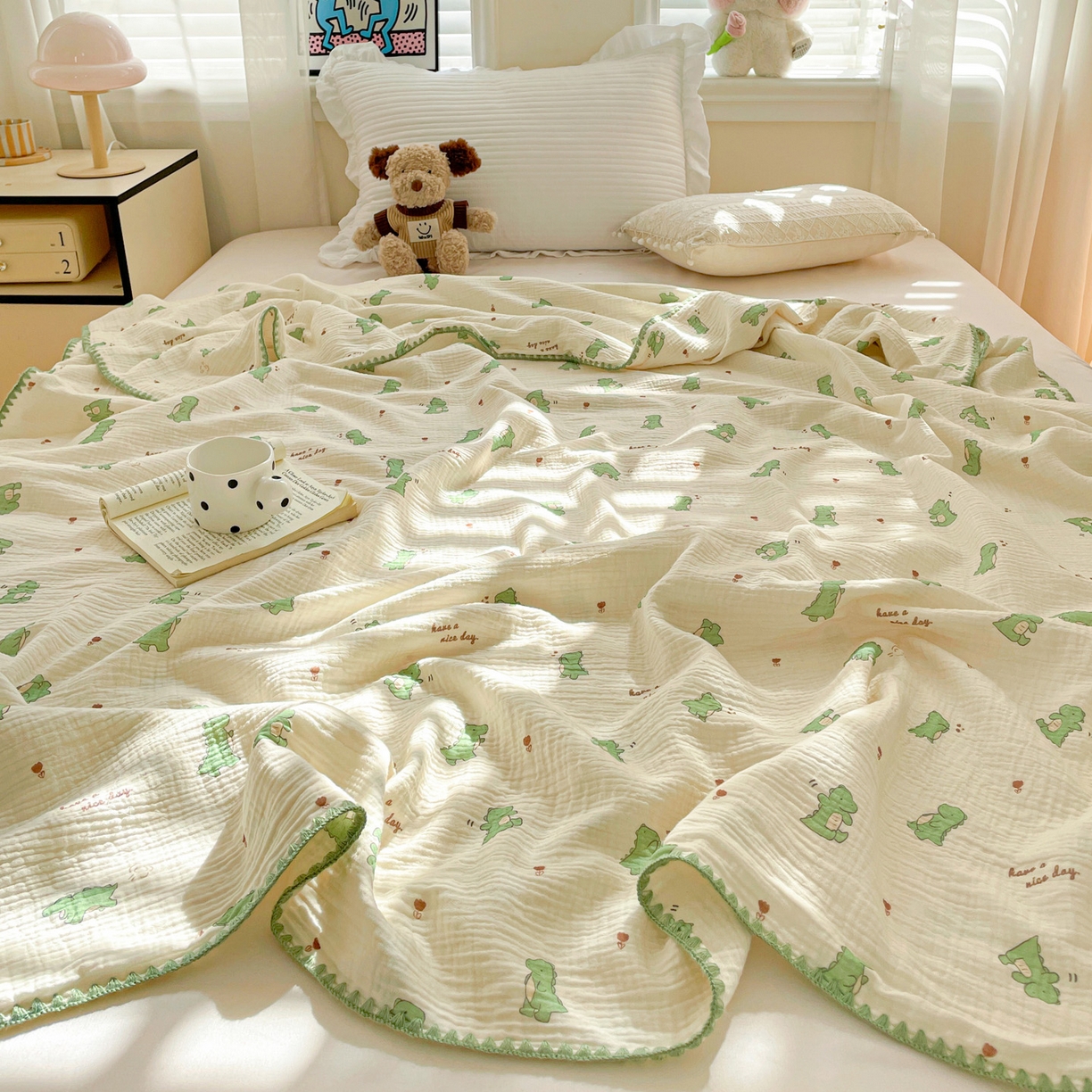 91家纺网 家纺一手货源 找家纺 优被业 2026新款A类全棉双层纱布毯夏被毯盖毯婴儿包被 小恐龙