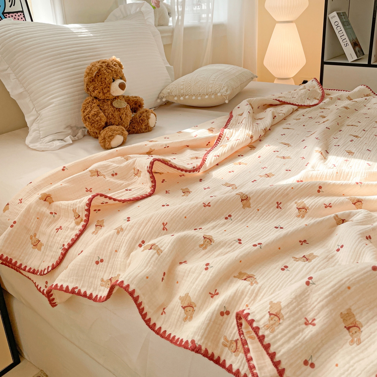 91家纺网 家纺一手货源 找家纺 优被业 2026新款A类全棉双层纱布毯夏被毯盖毯婴儿包被 樱桃小兔