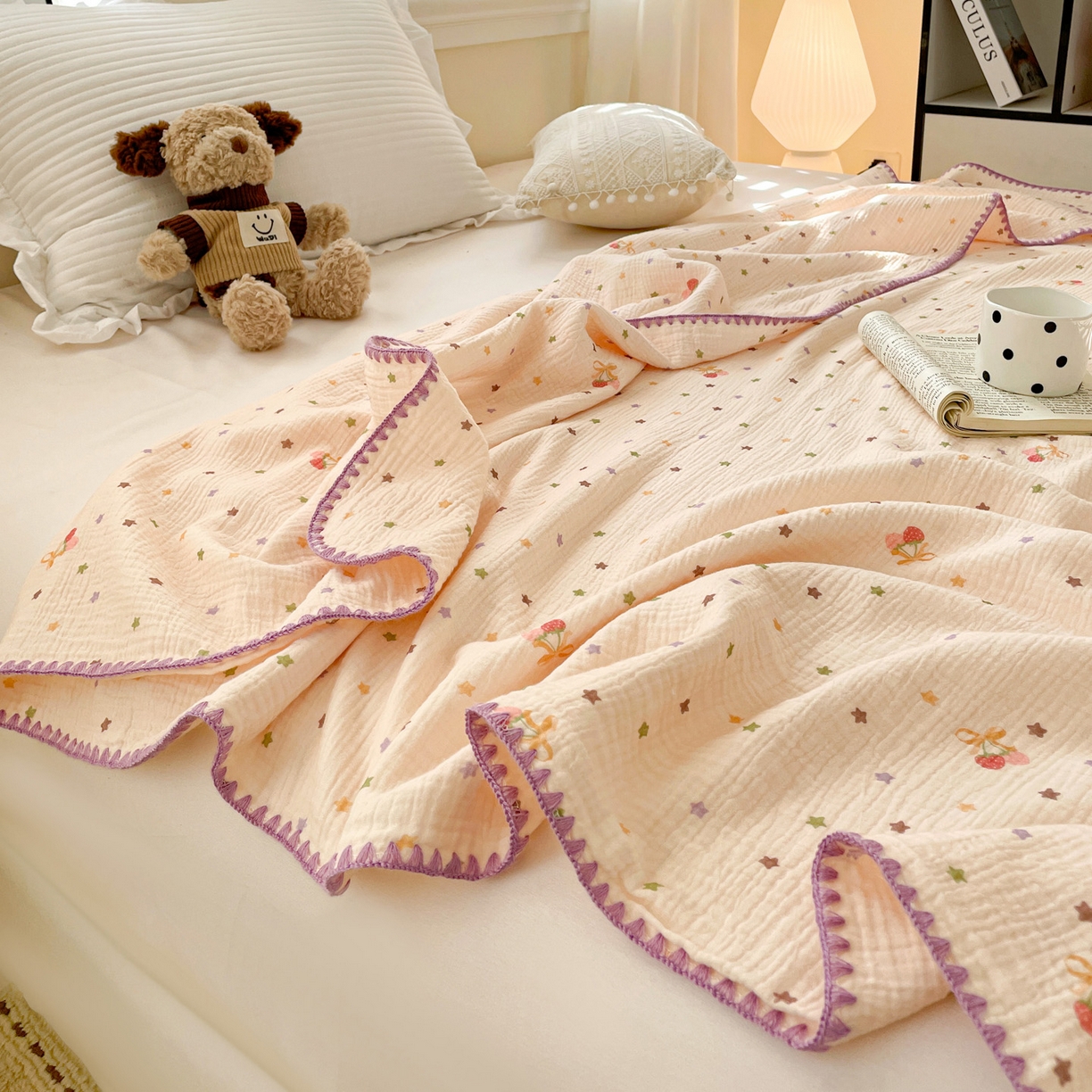 91家纺网 家纺一手货源 找家纺 优被业 2026新款A类全棉双层纱布毯夏被毯盖毯婴儿包被 星空草莓