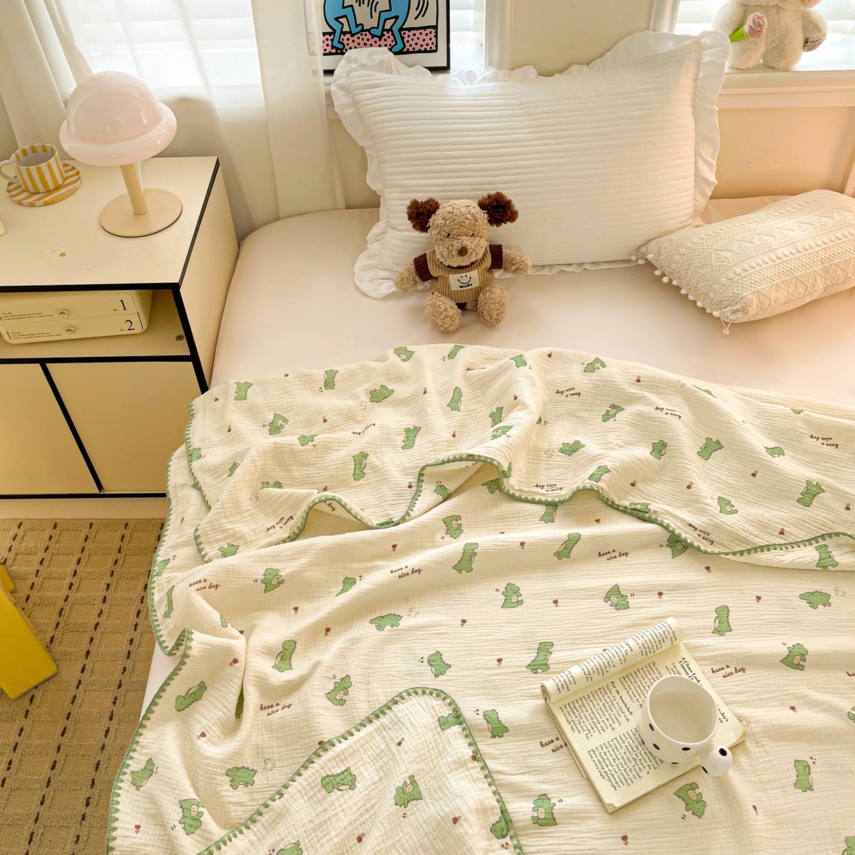 91家纺网 家纺一手货源 找家纺 优被业 2026新款A类全棉双层纱布毯夏被毯盖毯婴儿包被 小恐龙