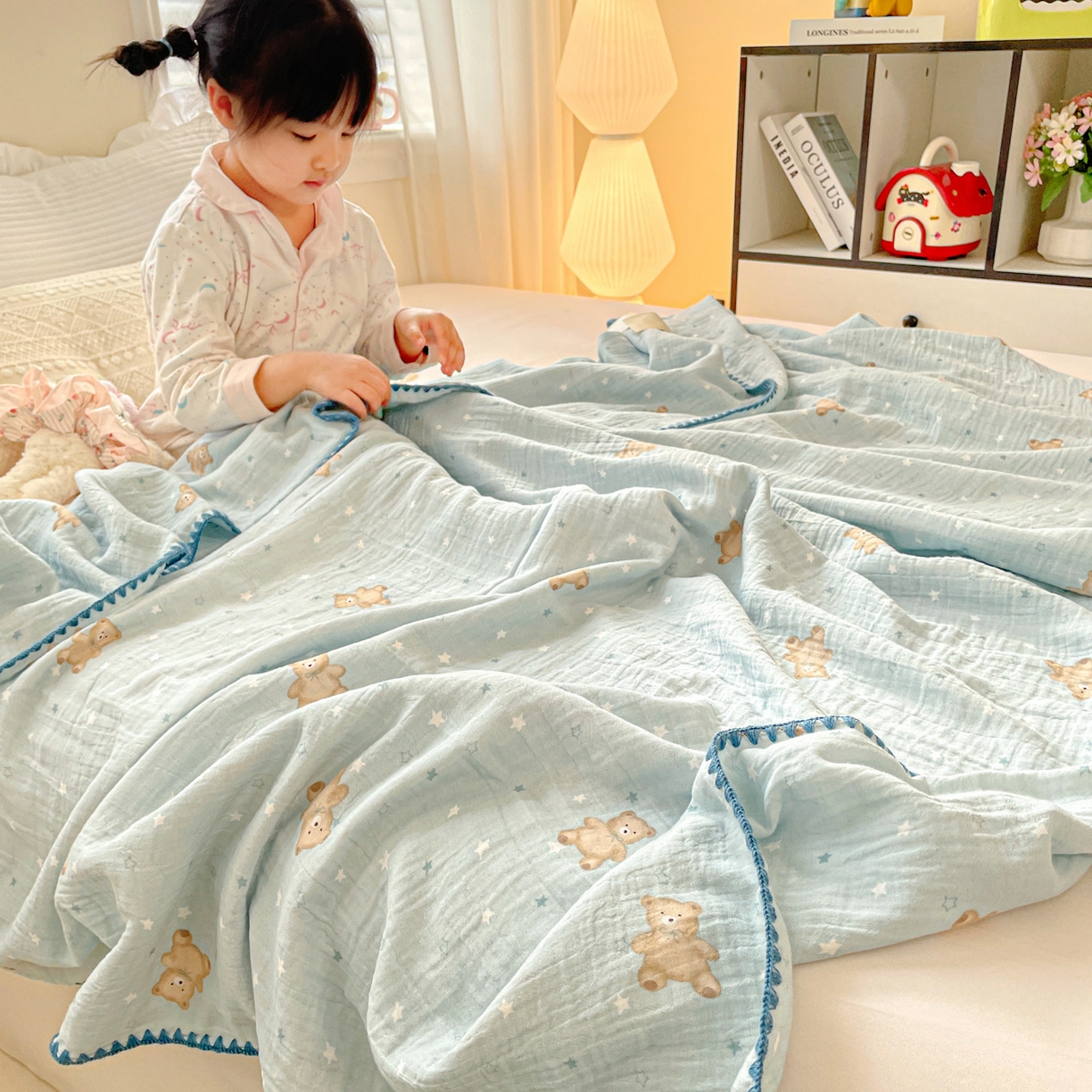 91家纺网 家纺一手货源 找家纺 优被业 2026新款A类全棉双层纱布毯夏被毯盖毯婴儿包被 星斗小熊