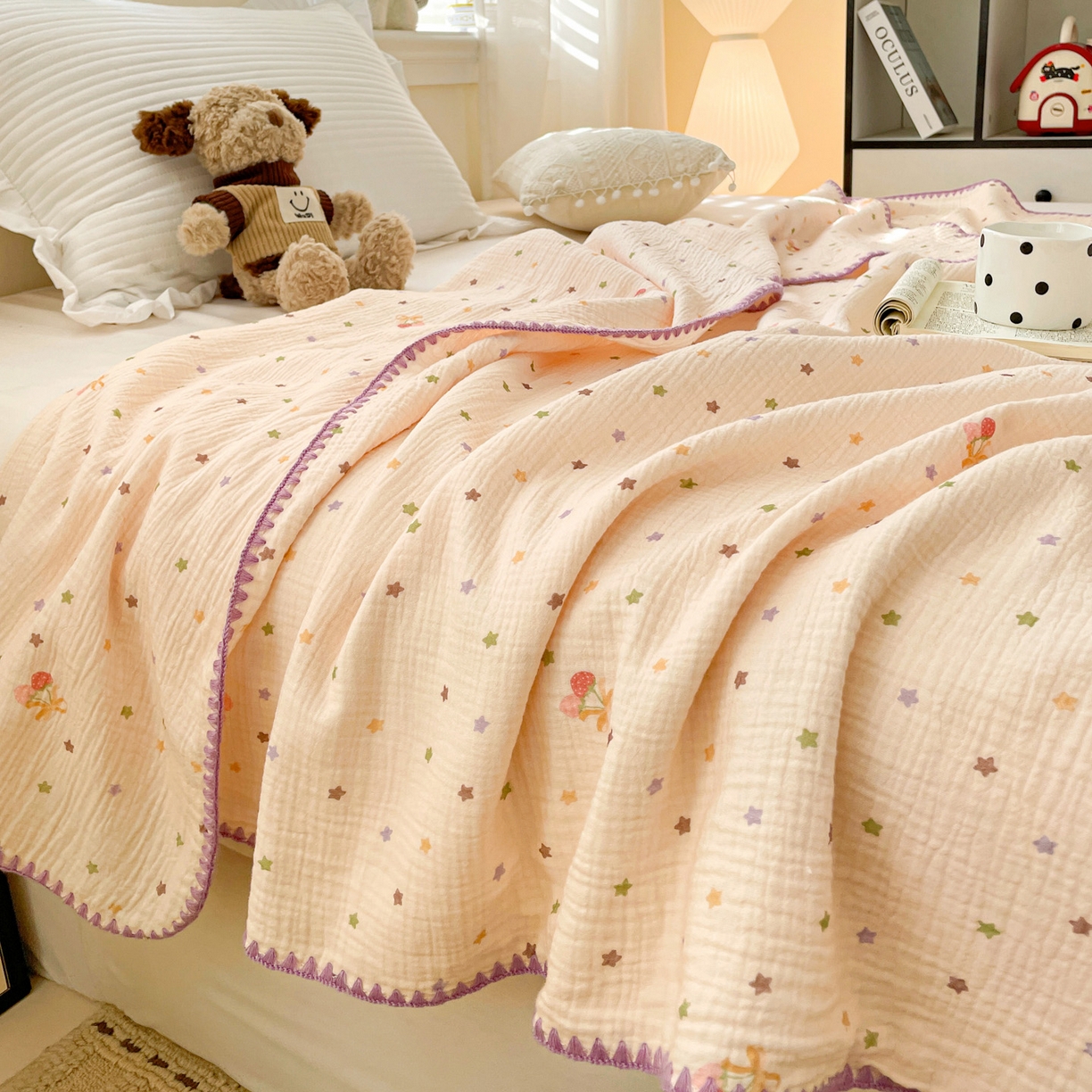 91家纺网 家纺一手货源 找家纺 优被业 2026新款A类全棉双层纱布毯夏被毯盖毯婴儿包被 星空草莓