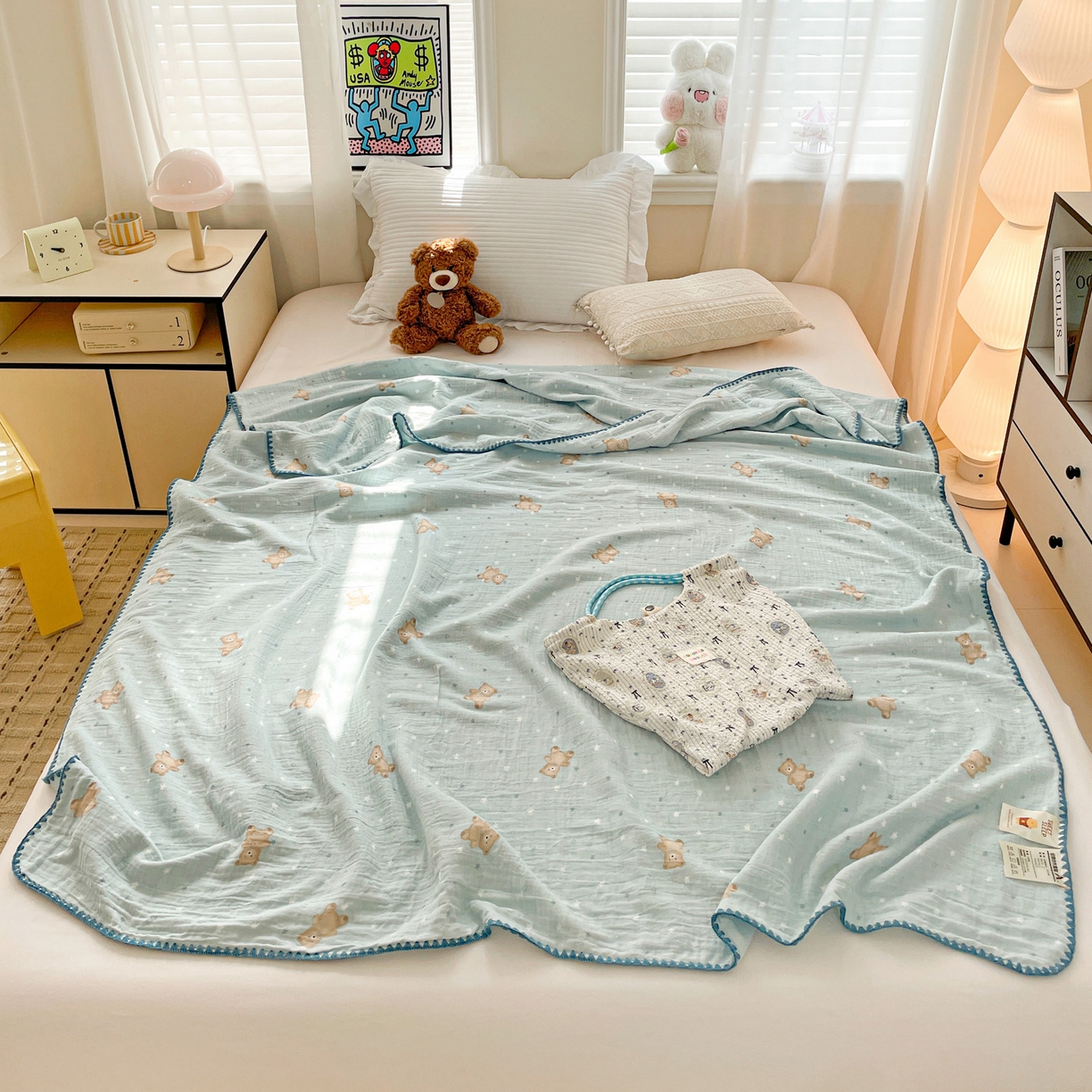 91家纺网 家纺一手货源 找家纺 优被业 2026新款A类全棉双层纱布毯夏被毯盖毯婴儿包被 星斗小熊