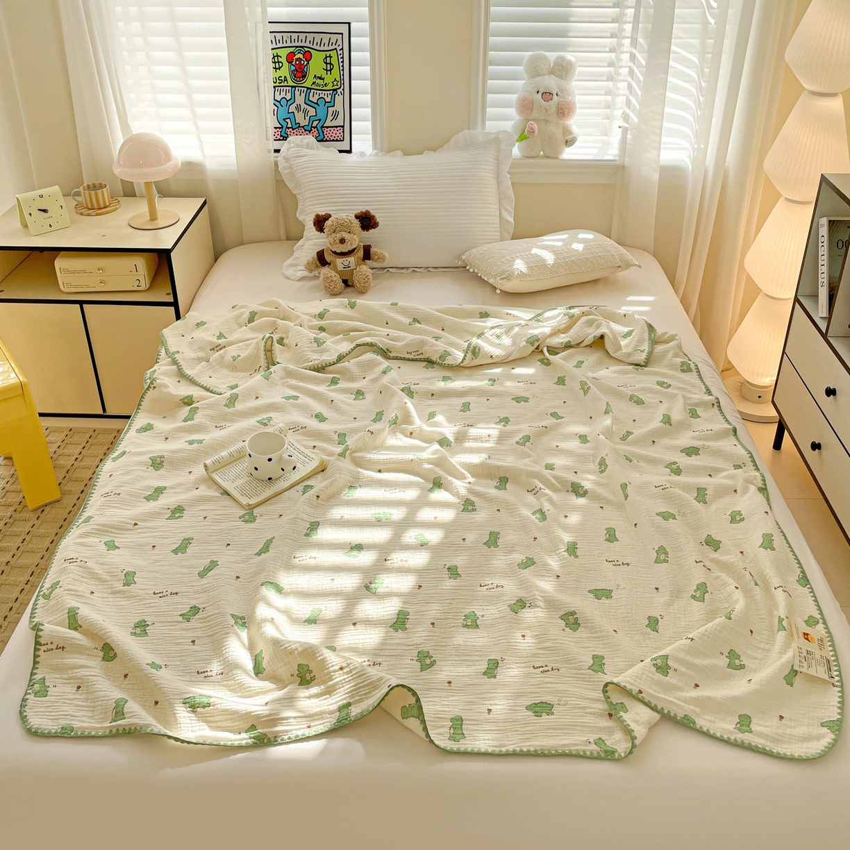 91家纺网 家纺一手货源 找家纺 优被业 2026新款A类全棉双层纱布毯夏被毯盖毯婴儿包被 小恐龙