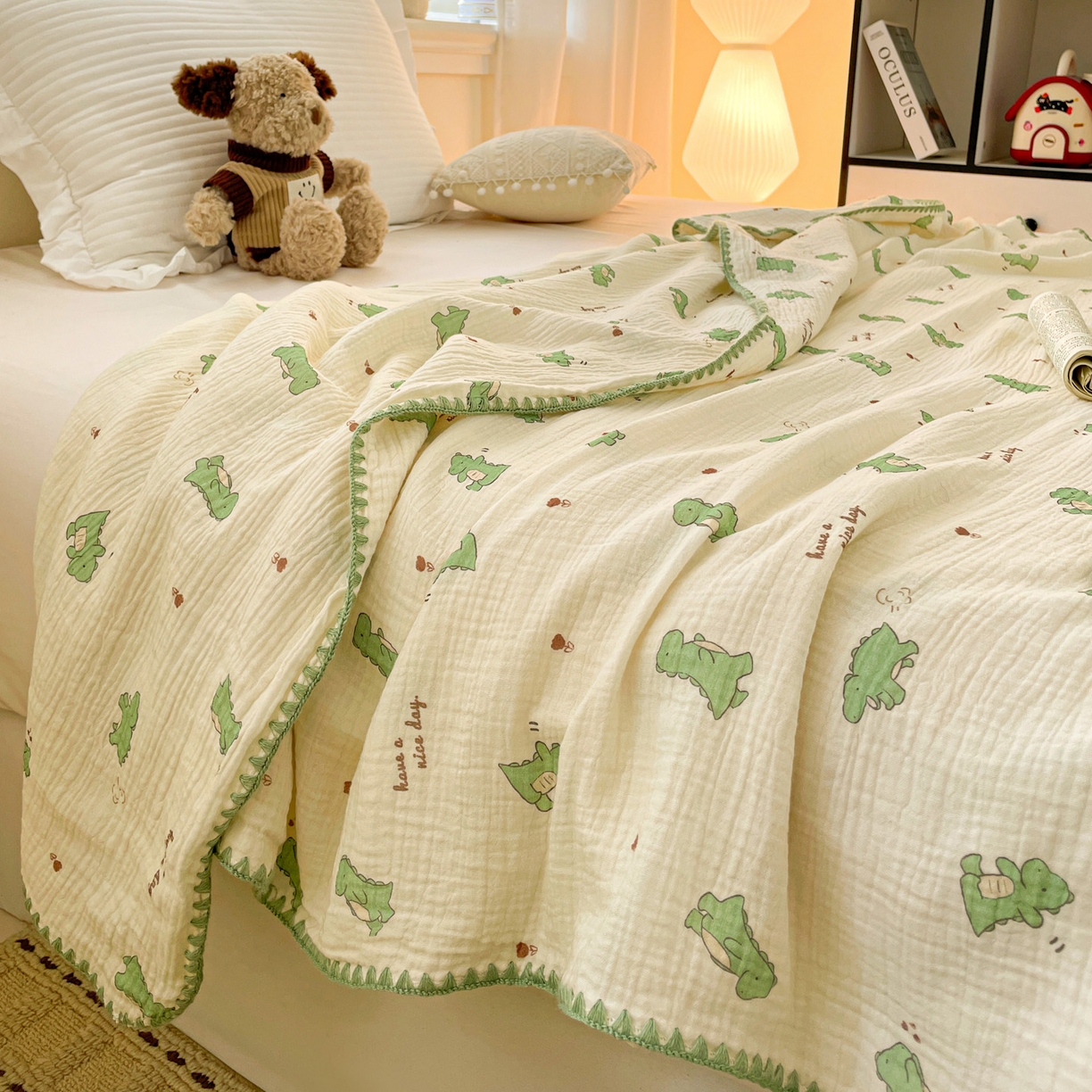 91家纺网 家纺一手货源 找家纺 优被业 2026新款A类全棉双层纱布毯夏被毯盖毯婴儿包被 小恐龙