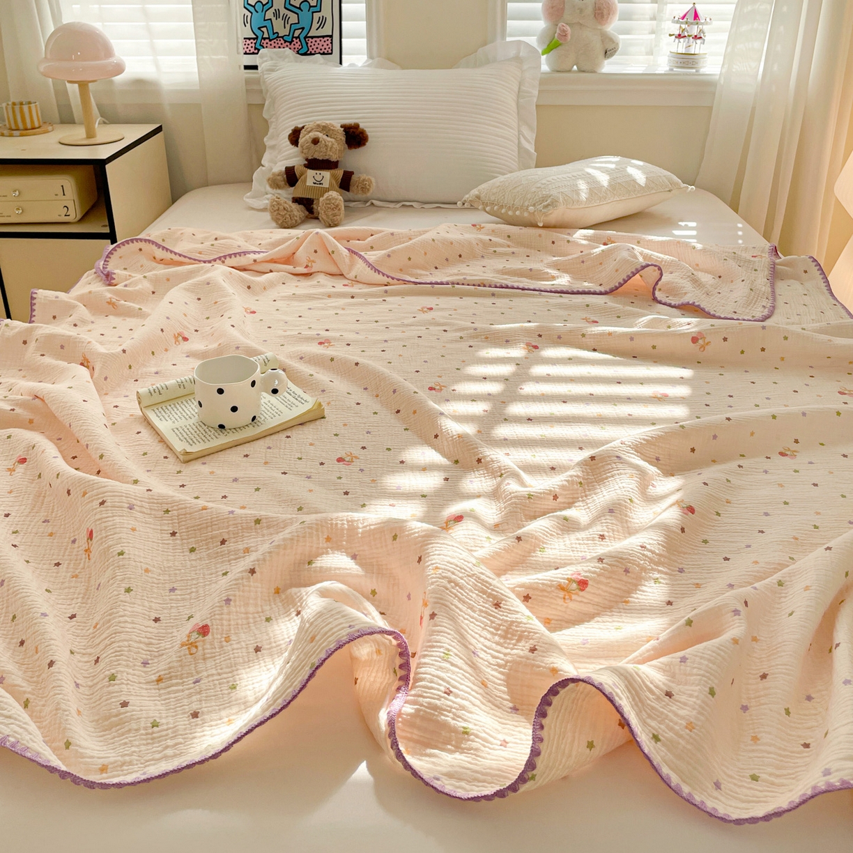 91家纺网 家纺一手货源 找家纺 优被业 2026新款A类全棉双层纱布毯夏被毯盖毯婴儿包被 星空草莓