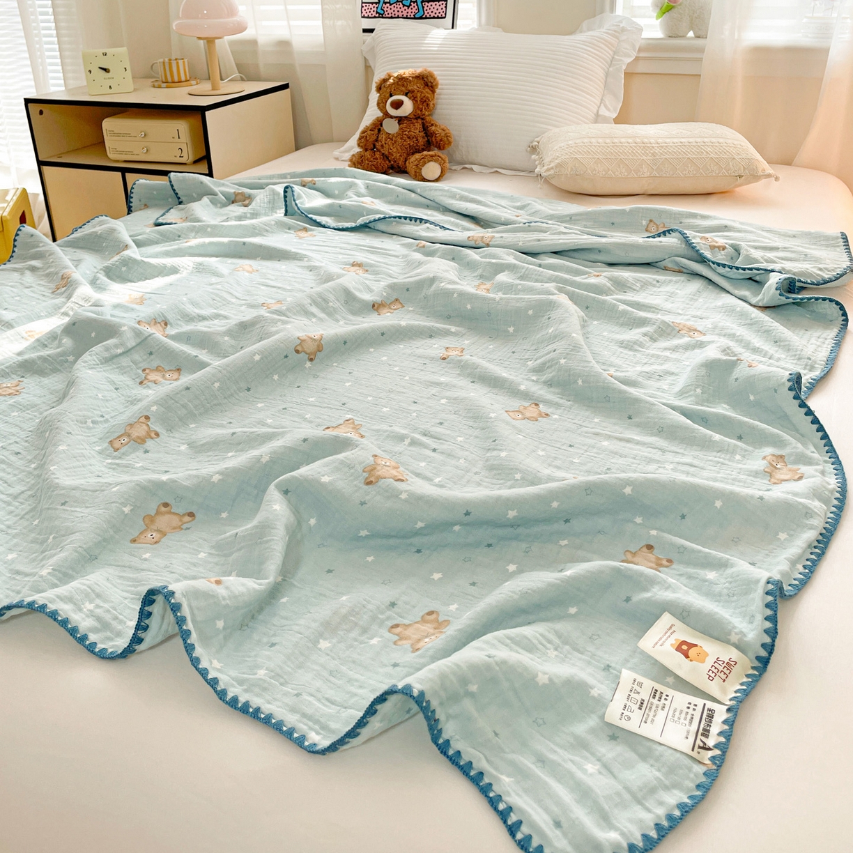 91家纺网 家纺一手货源 找家纺 优被业 2026新款A类全棉双层纱布毯夏被毯盖毯婴儿包被 星斗小熊