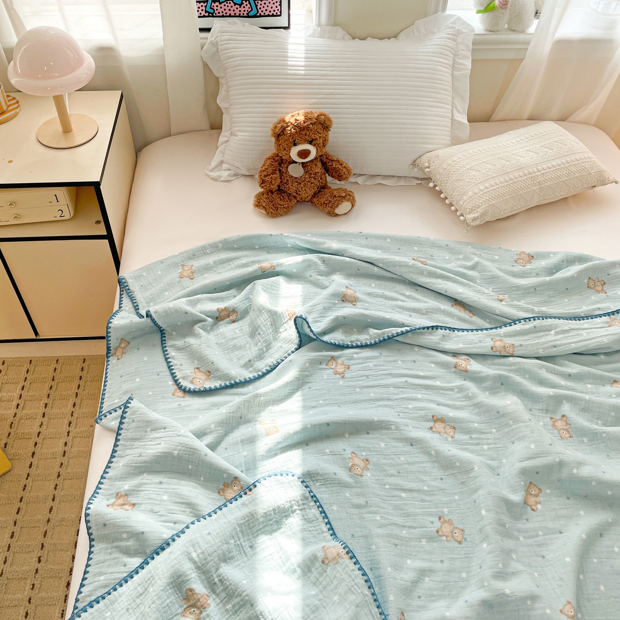 91家纺网 家纺一手货源 找家纺 优被业 2026新款A类全棉双层纱布毯夏被毯盖毯婴儿包被 星斗小熊