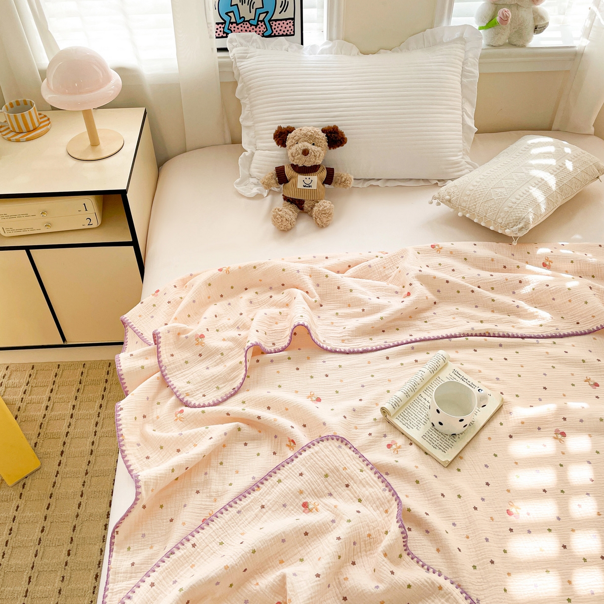 91家纺网 家纺一手货源 找家纺 优被业 2026新款A类全棉双层纱布毯夏被毯盖毯婴儿包被 星空草莓