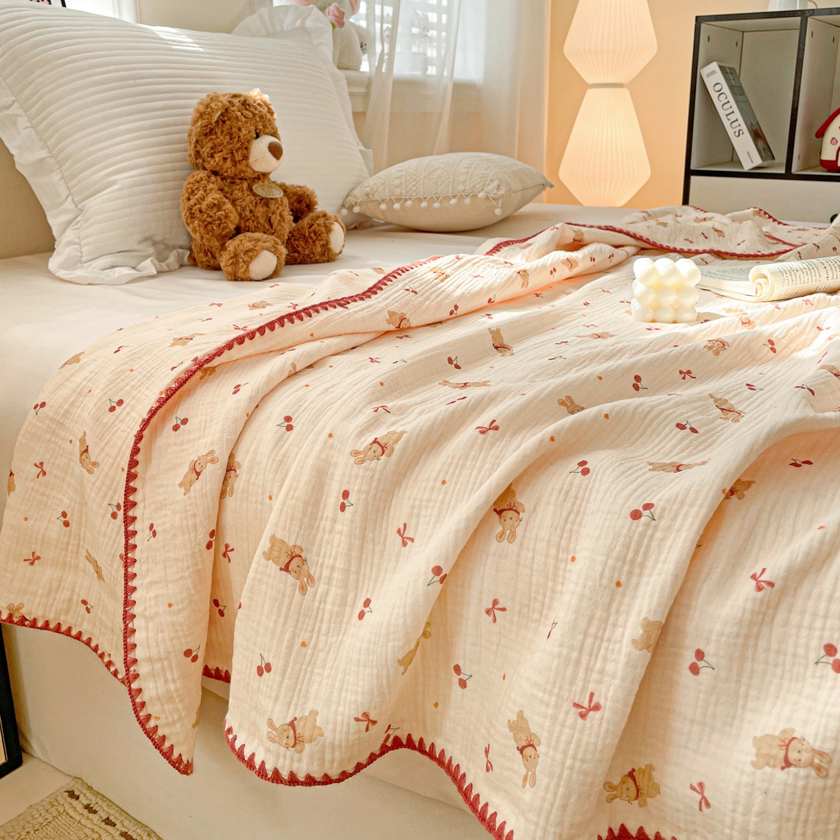 91家纺网 家纺一手货源 找家纺 优被业 2026新款A类全棉双层纱布毯夏被毯盖毯婴儿包被 樱桃小兔