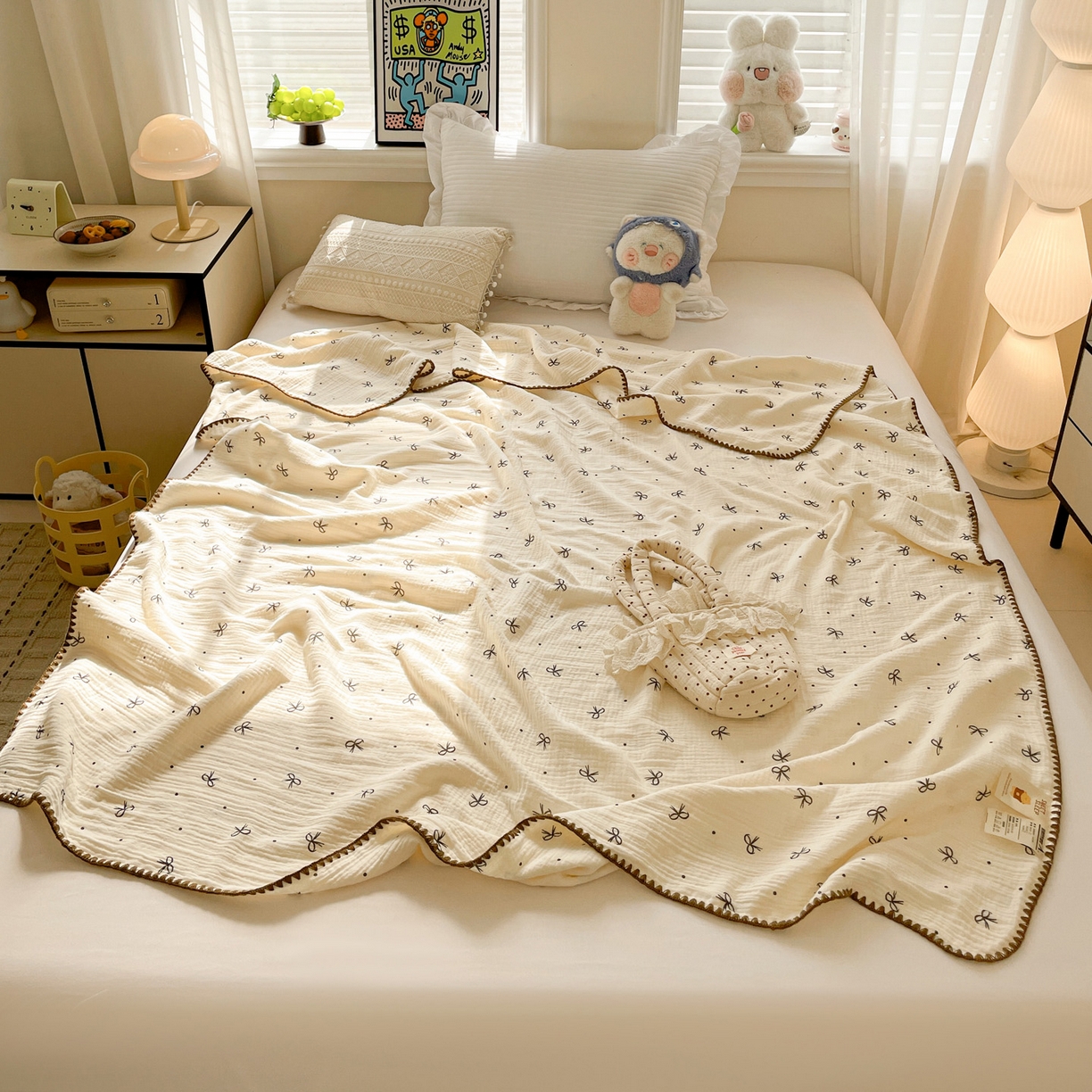 91家纺网 家纺一手货源 找家纺 优被业 2026新款A类全棉双层纱布毯夏被毯盖毯婴儿包被 蝴蝶结