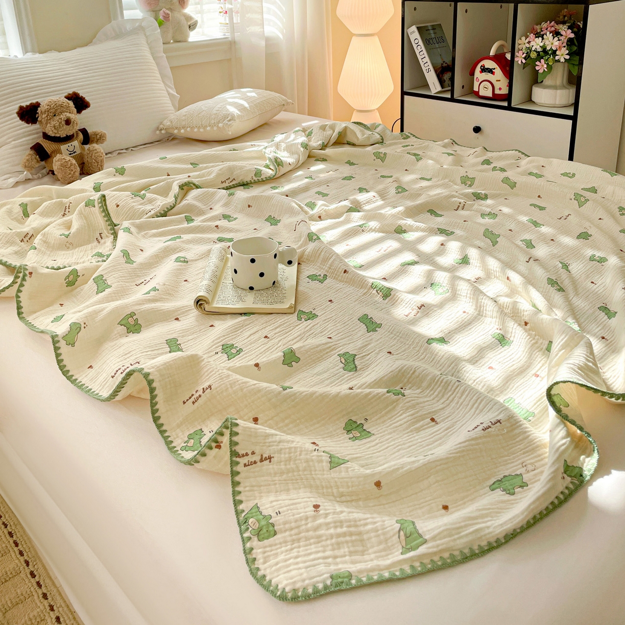 91家纺网 家纺一手货源 找家纺 优被业 2026新款A类全棉双层纱布毯夏被毯盖毯婴儿包被 小恐龙