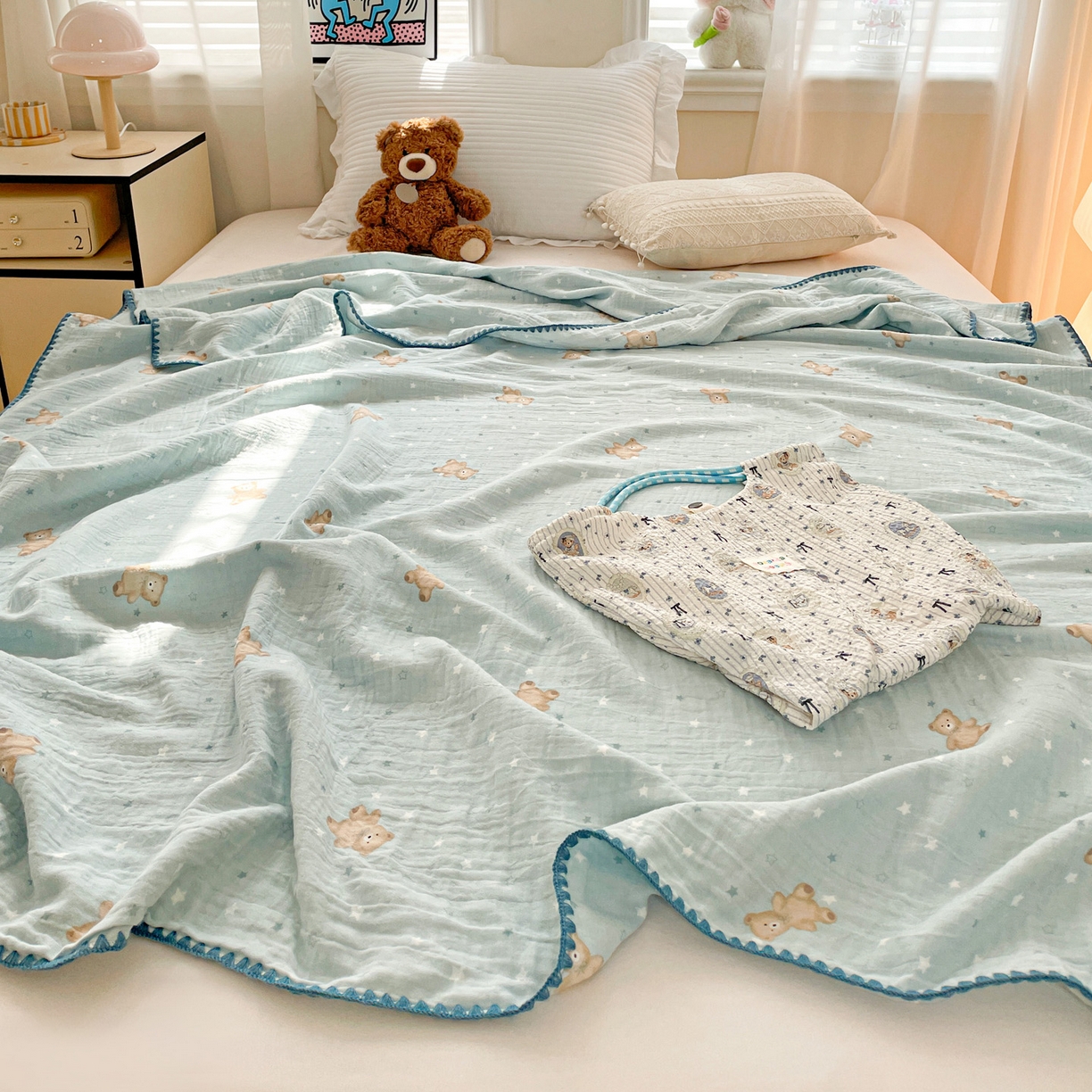 91家纺网 家纺一手货源 找家纺 优被业 2026新款A类全棉双层纱布毯夏被毯盖毯婴儿包被 星斗小熊