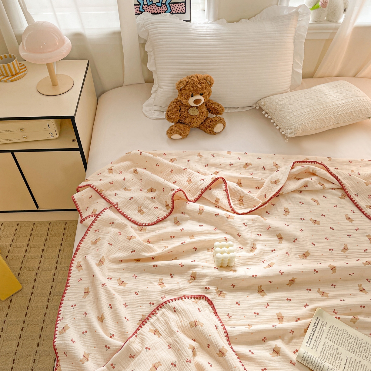 91家纺网 家纺一手货源 找家纺 优被业 2026新款A类全棉双层纱布毯夏被毯盖毯婴儿包被 樱桃小兔