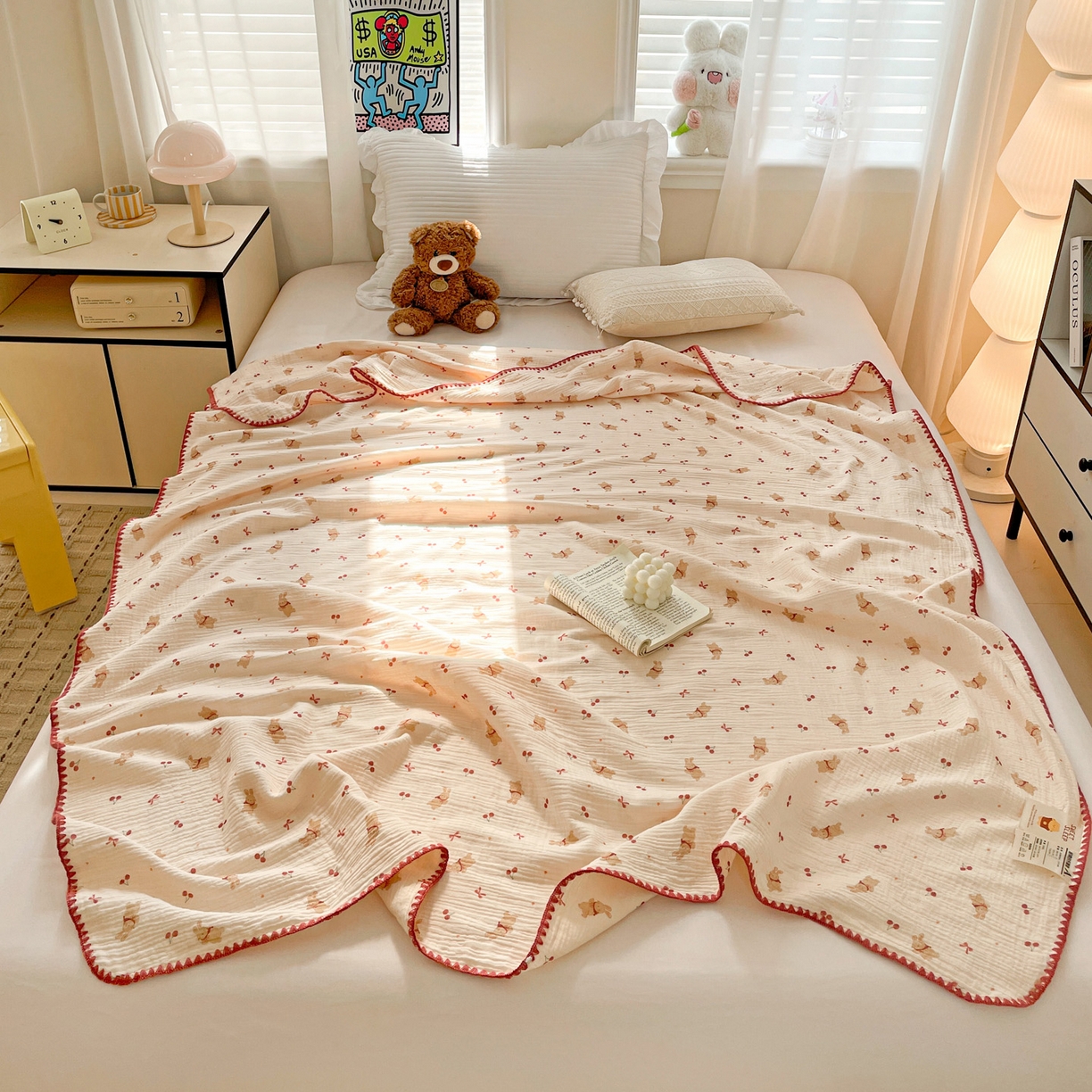 91家纺网 家纺一手货源 找家纺 优被业 2026新款A类全棉双层纱布毯夏被毯盖毯婴儿包被 樱桃小兔