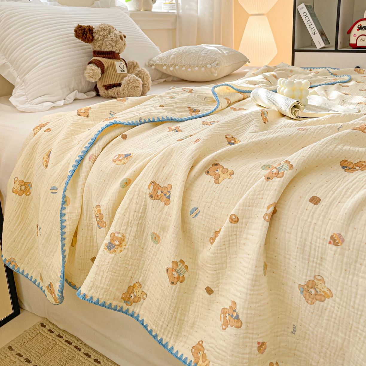 91家纺网 家纺一手货源 找家纺 优被业 2026新款A类全棉双层纱布毯夏被毯盖毯婴儿包被 抱抱熊