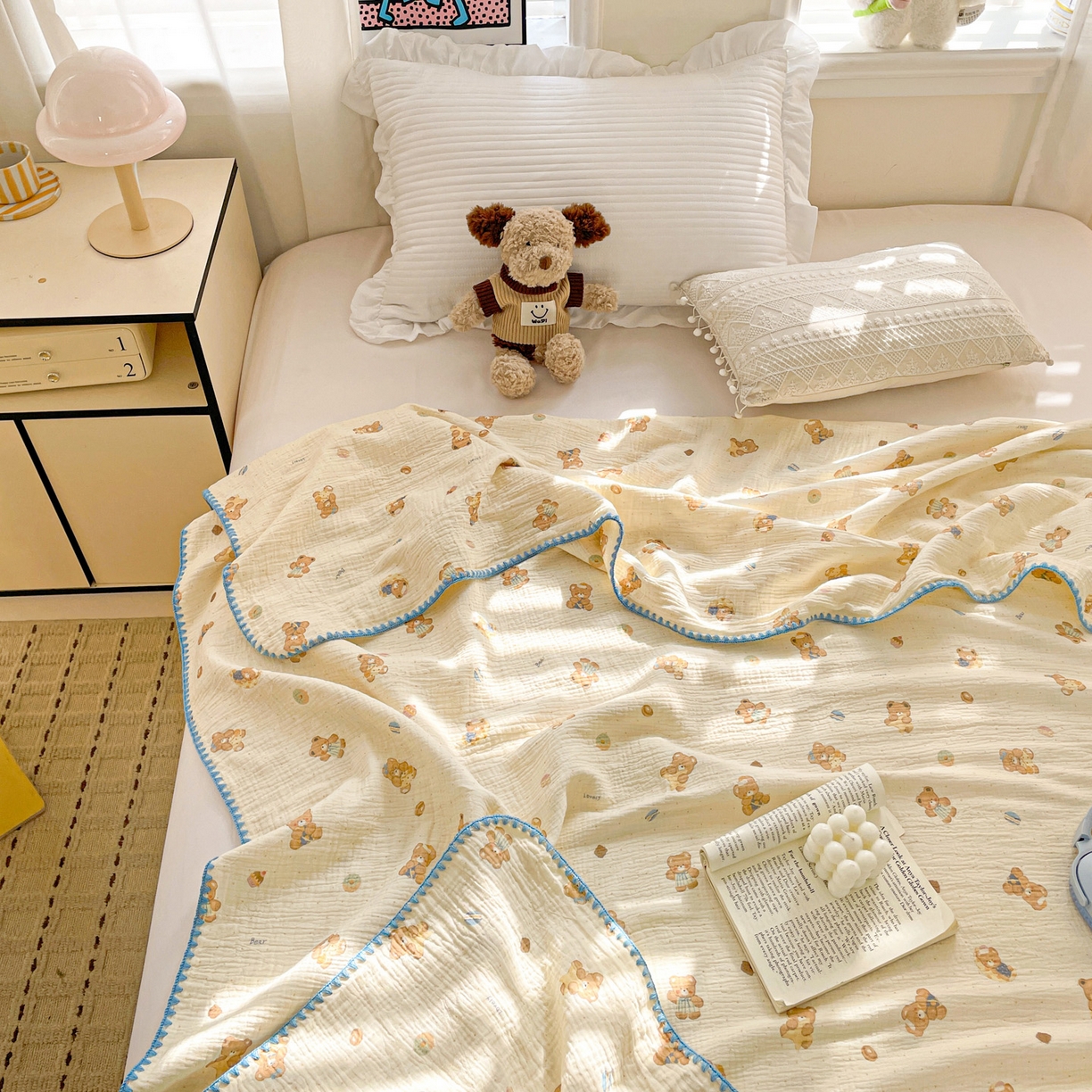 91家纺网 家纺一手货源 找家纺 优被业 2026新款A类全棉双层纱布毯夏被毯盖毯婴儿包被 抱抱熊