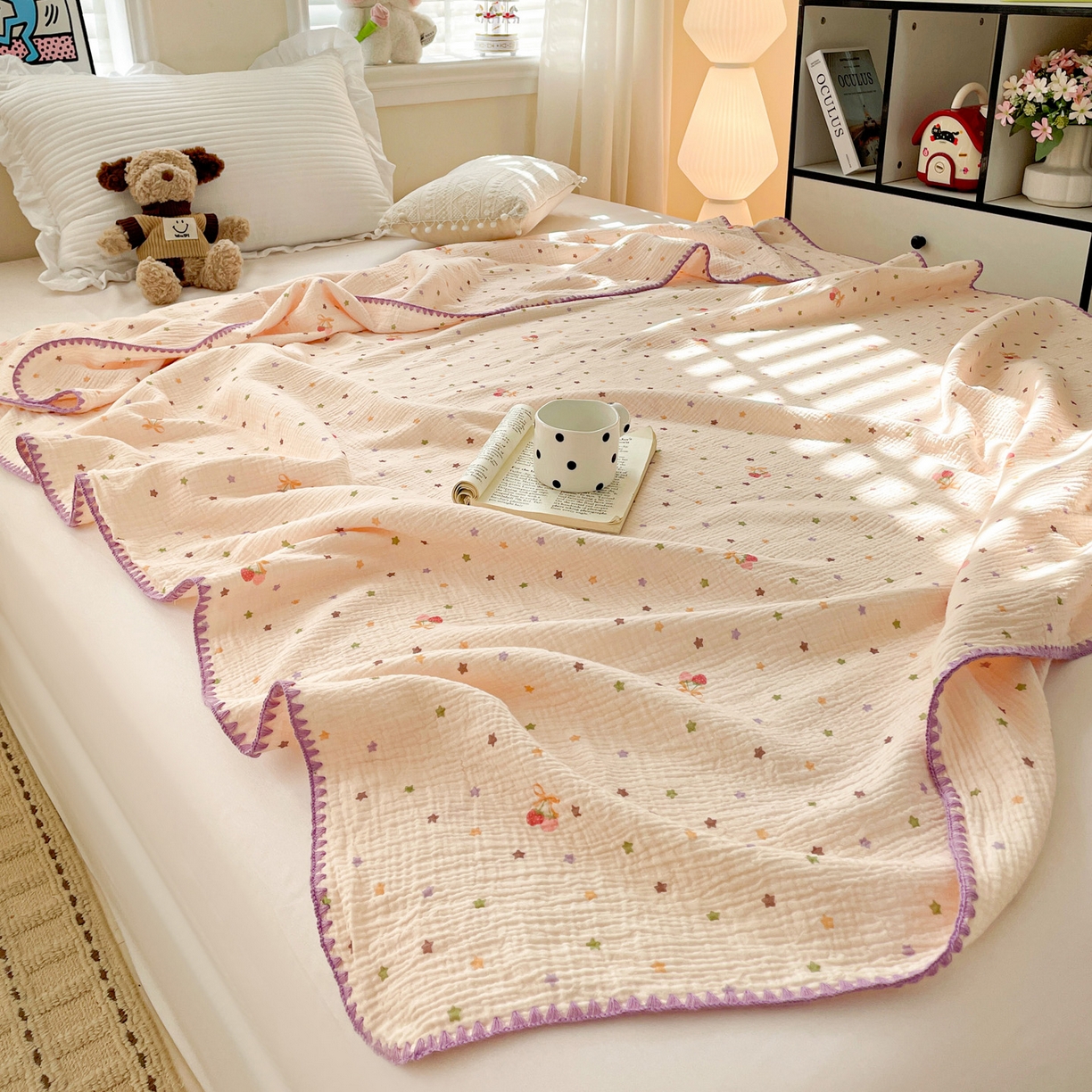 91家纺网 家纺一手货源 找家纺 优被业 2026新款A类全棉双层纱布毯夏被毯盖毯婴儿包被 星空草莓