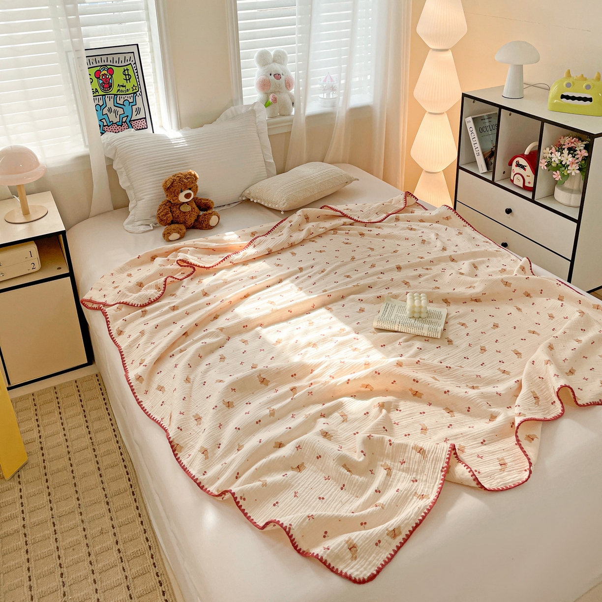 91家纺网 家纺一手货源 找家纺 优被业 2026新款A类全棉双层纱布毯夏被毯盖毯婴儿包被 樱桃小兔