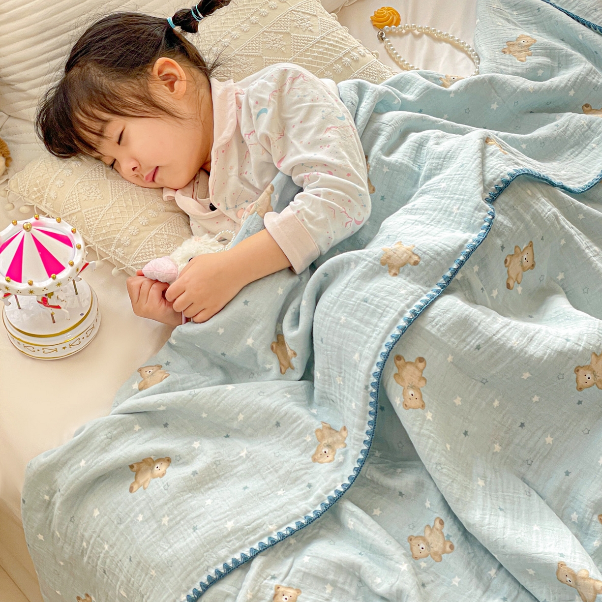 91家纺网 家纺一手货源 找家纺 优被业 2026新款A类全棉双层纱布毯夏被毯盖毯婴儿包被 星斗小熊