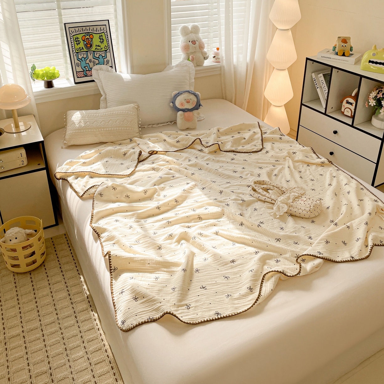 91家纺网 家纺一手货源 找家纺 优被业 2026新款A类全棉双层纱布毯夏被毯盖毯婴儿包被 蝴蝶结