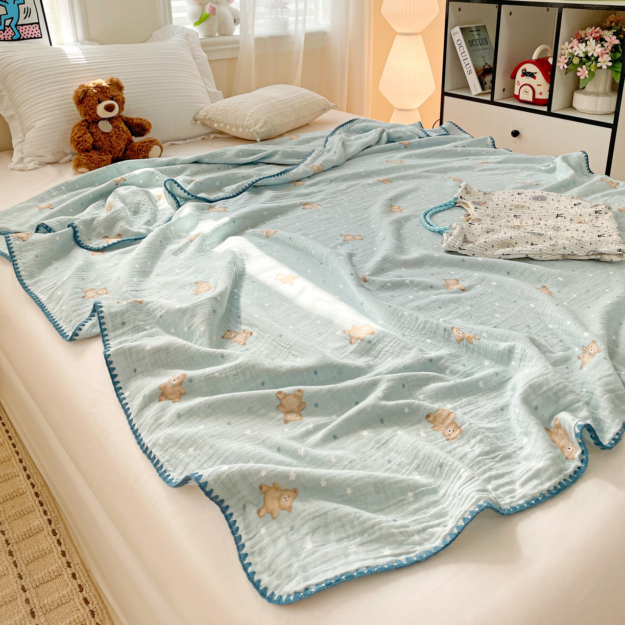 91家纺网 家纺一手货源 找家纺 优被业 2026新款A类全棉双层纱布毯夏被毯盖毯婴儿包被 星斗小熊