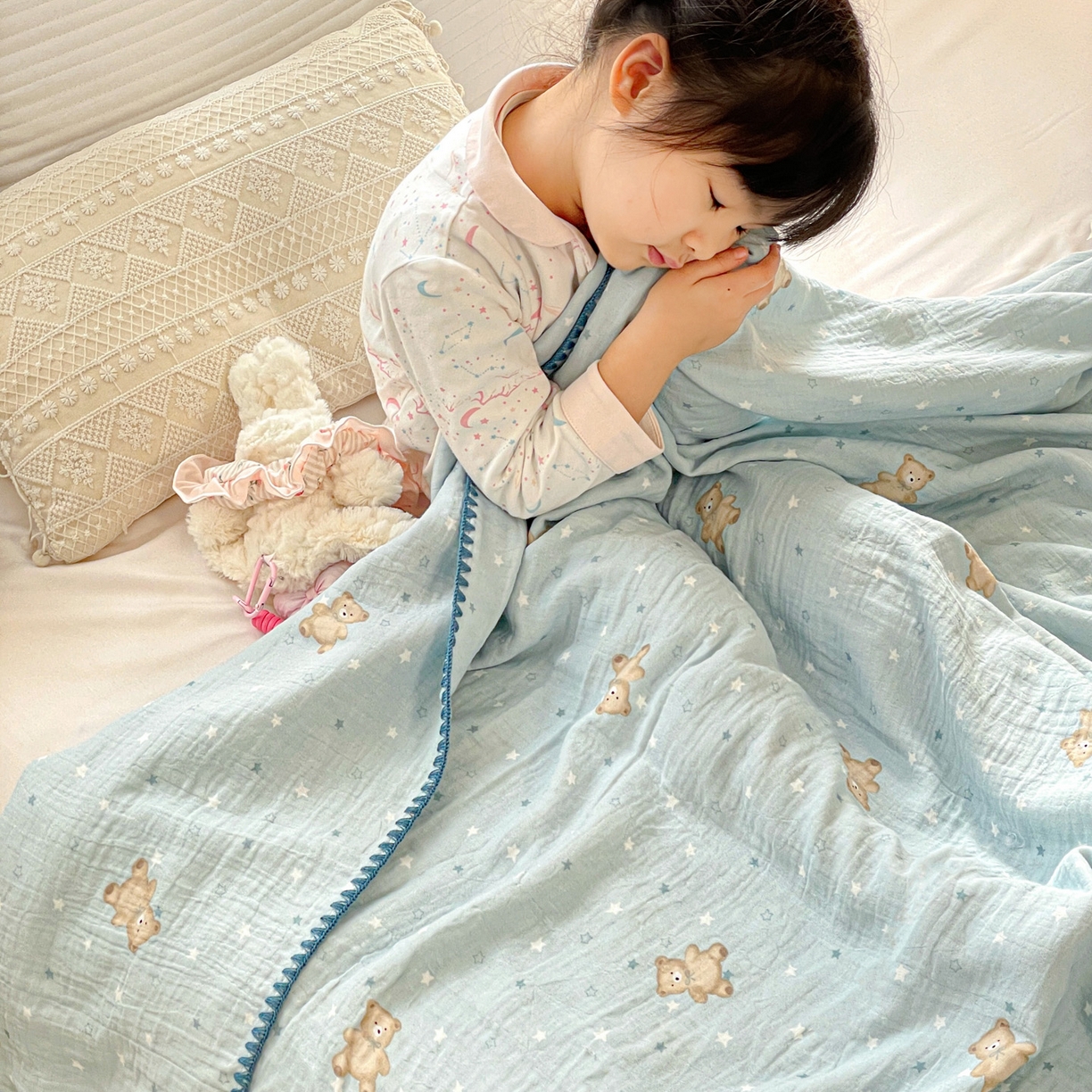 91家纺网 家纺一手货源 找家纺 优被业 2026新款A类全棉双层纱布毯夏被毯盖毯婴儿包被 星斗小熊