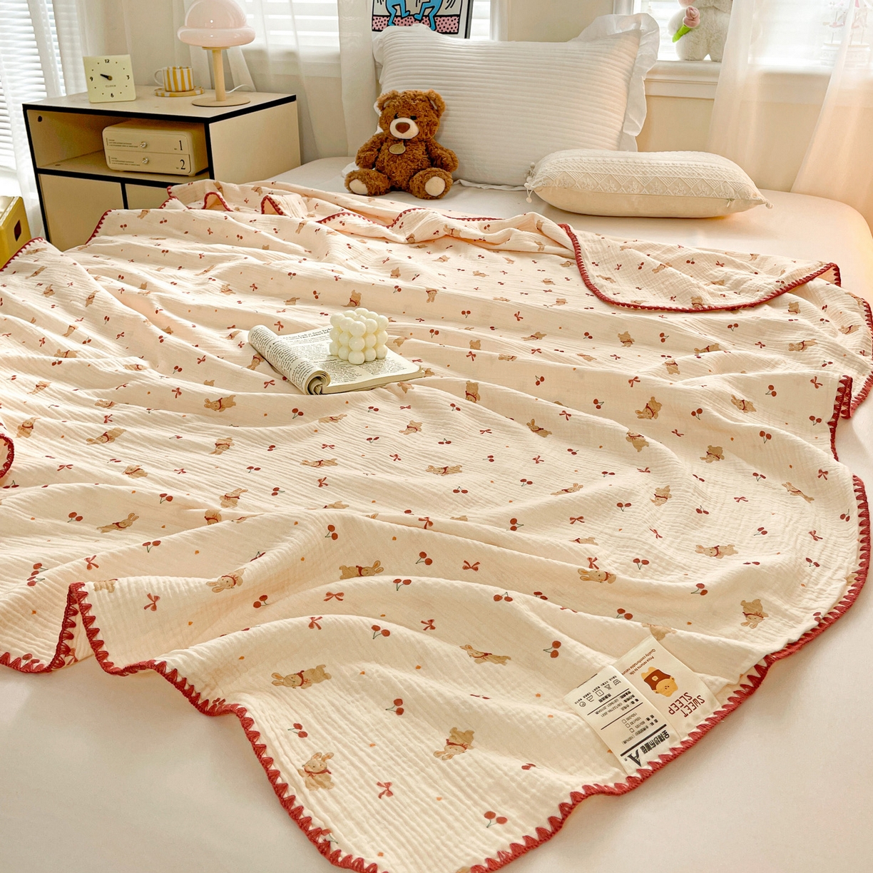 91家纺网 家纺一手货源 找家纺 优被业 2026新款A类全棉双层纱布毯夏被毯盖毯婴儿包被 樱桃小兔