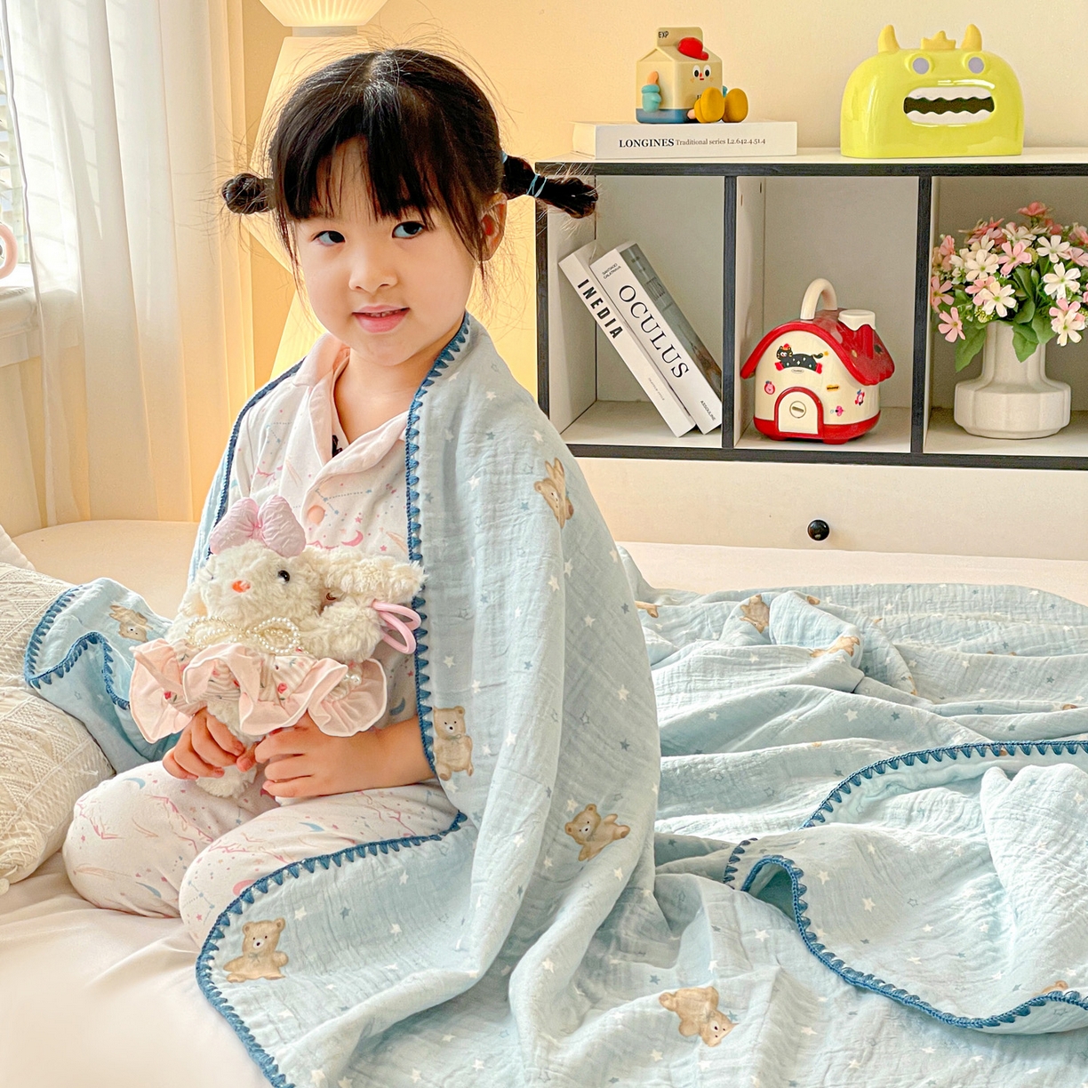 91家纺网 家纺一手货源 找家纺 优被业 2026新款A类全棉双层纱布毯夏被毯盖毯婴儿包被 星斗小熊