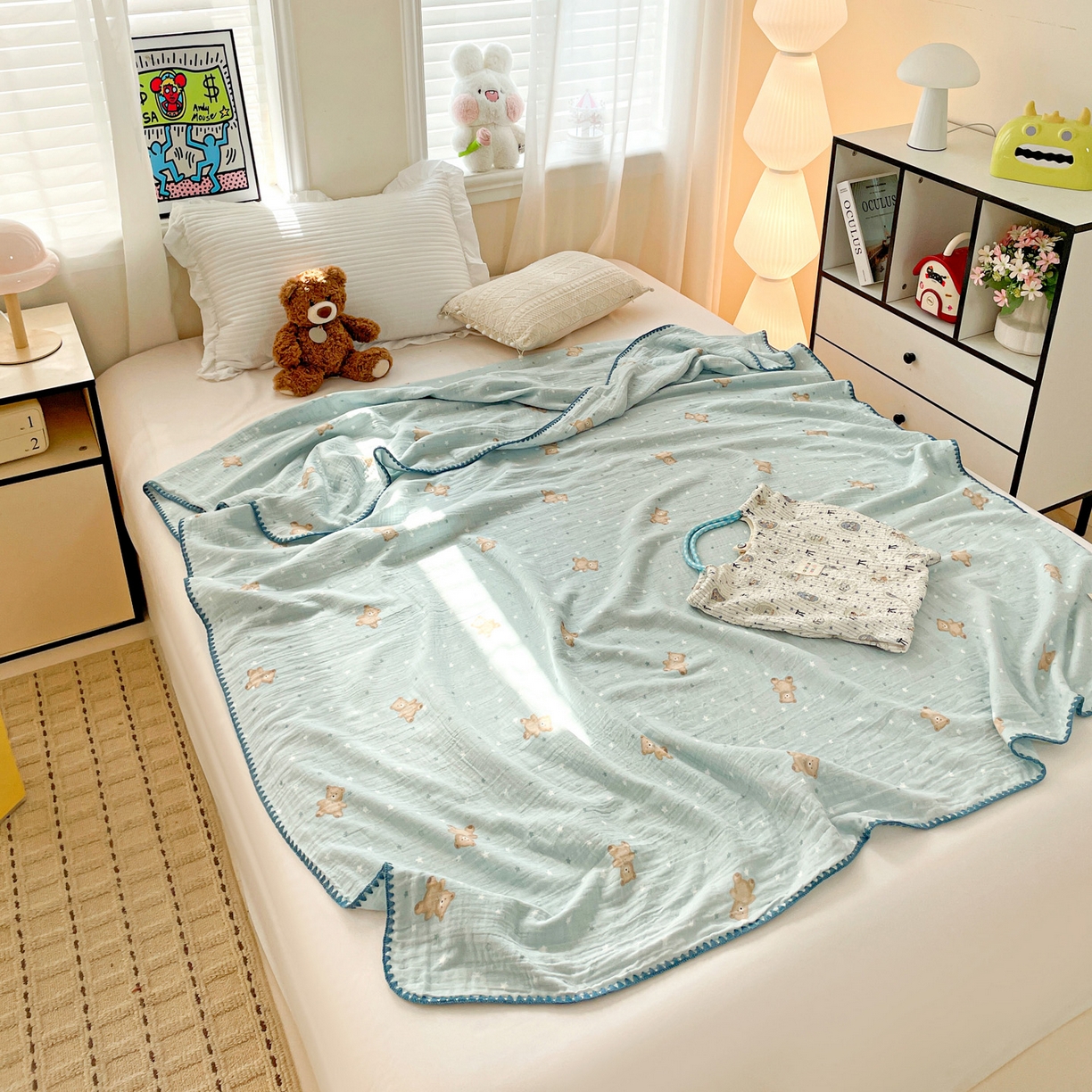 91家纺网 家纺一手货源 找家纺 优被业 2026新款A类全棉双层纱布毯夏被毯盖毯婴儿包被 星斗小熊