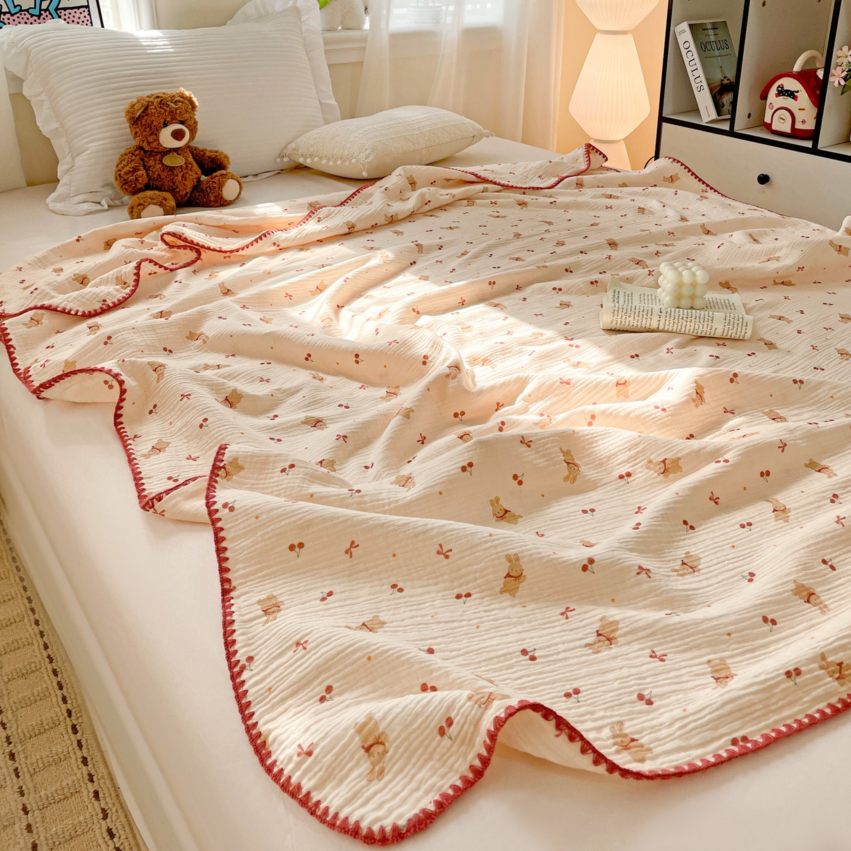 91家纺网 家纺一手货源 找家纺 优被业 2026新款A类全棉双层纱布毯夏被毯盖毯婴儿包被 樱桃小兔