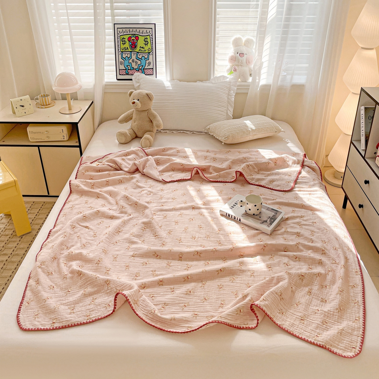 91家纺网 家纺一手货源 找家纺 优被业 2026新款A类全棉双层纱布毯夏被毯盖毯婴儿包被 嗨皮兔