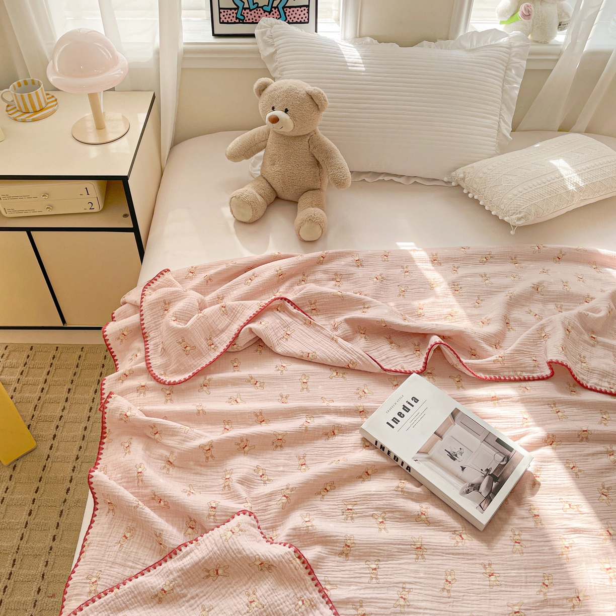 91家纺网 家纺一手货源 找家纺 优被业 2026新款A类全棉双层纱布毯夏被毯盖毯婴儿包被 嗨皮兔