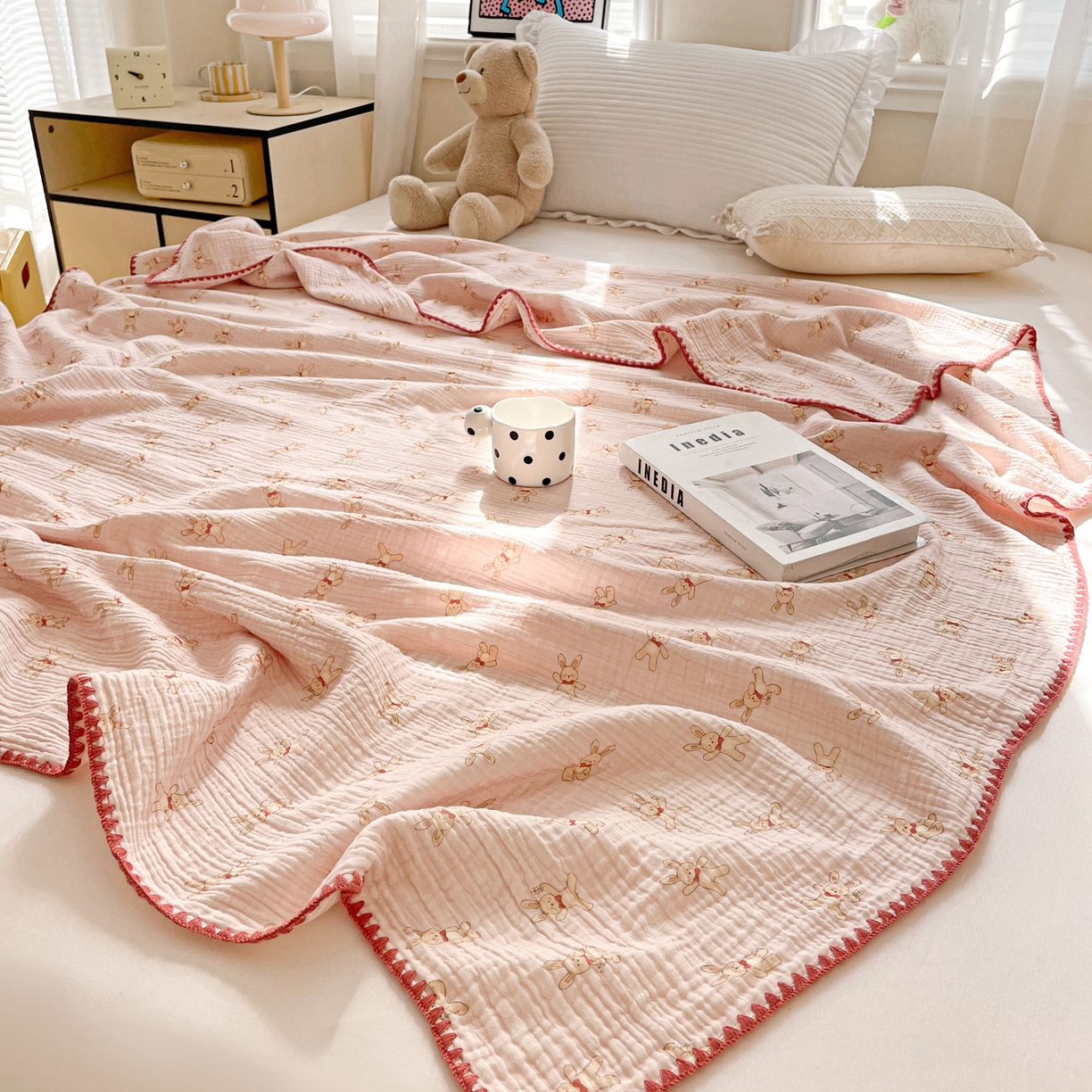 91家纺网 家纺一手货源 找家纺 优被业 2026新款A类全棉双层纱布毯夏被毯盖毯婴儿包被 嗨皮兔