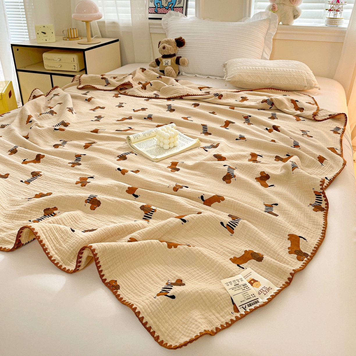 91家纺网 家纺一手货源 找家纺 优被业 2026新款A类全棉双层纱布毯夏被毯盖毯婴儿包被 腊肠狗