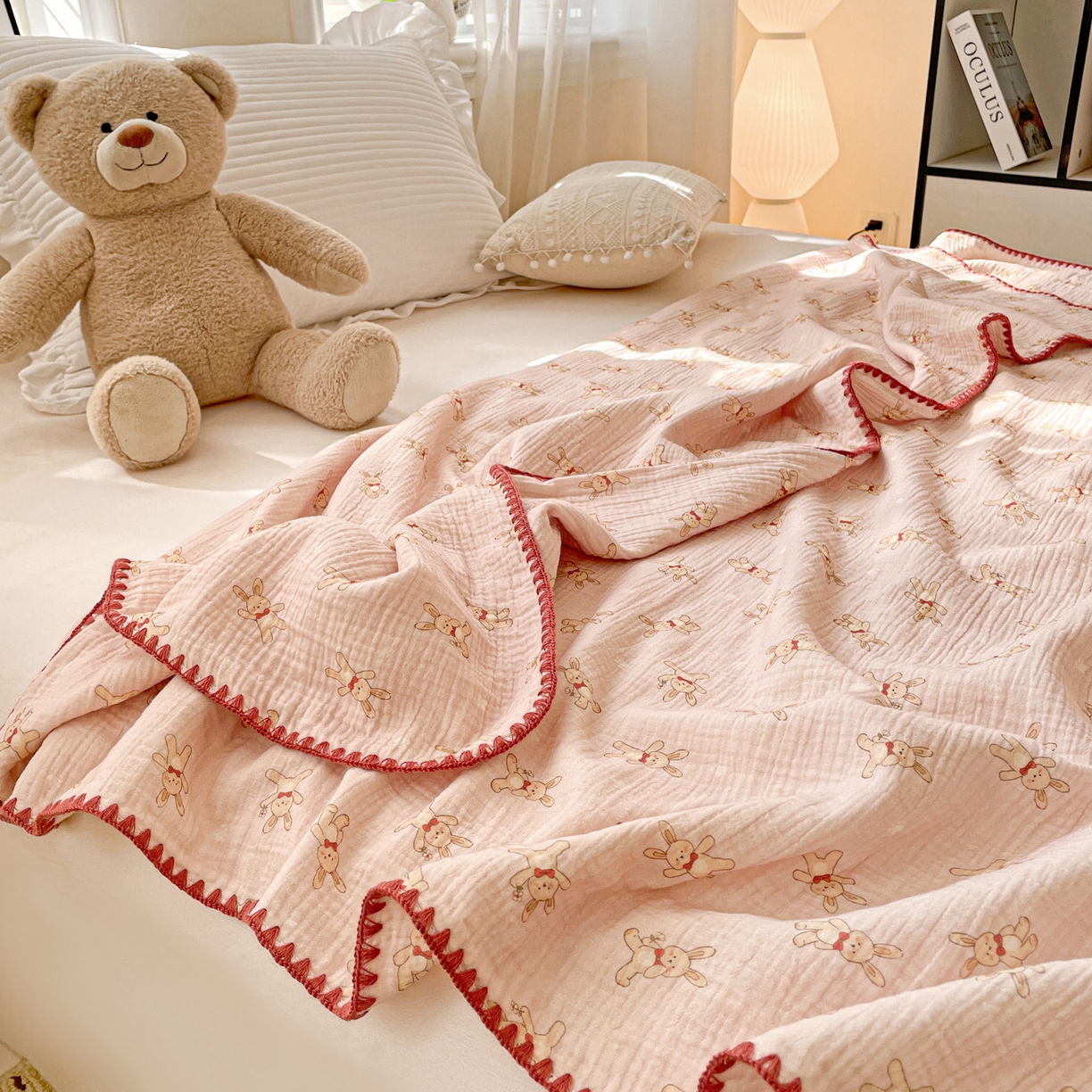 91家纺网 家纺一手货源 找家纺 优被业 2026新款A类全棉双层纱布毯夏被毯盖毯婴儿包被 嗨皮兔