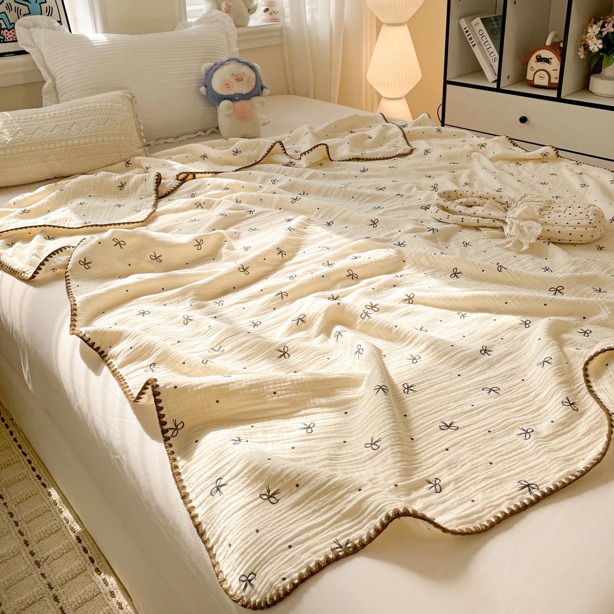 91家纺网 家纺一手货源 找家纺 优被业 2026新款A类全棉双层纱布毯夏被毯盖毯婴儿包被 蝴蝶结