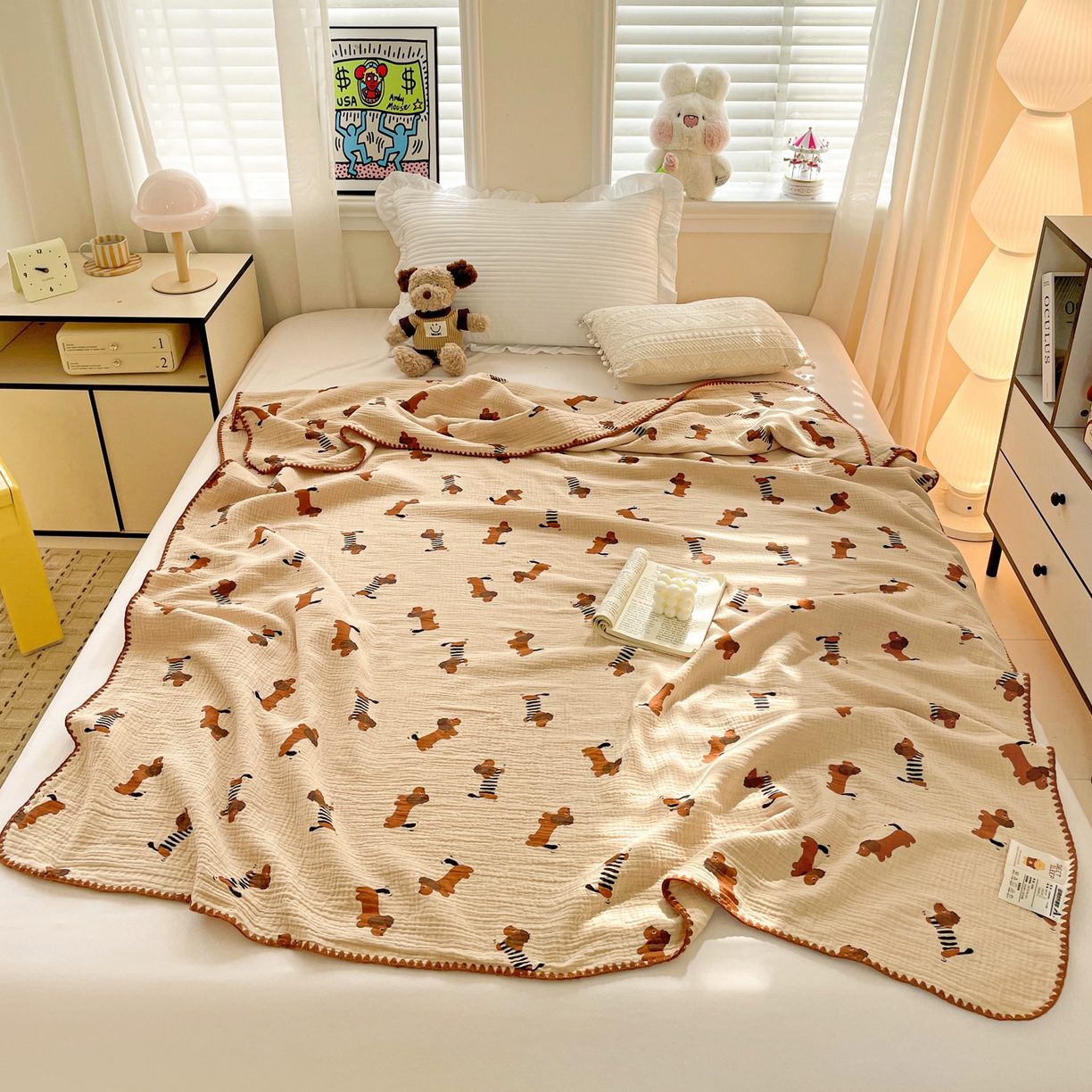 91家纺网 家纺一手货源 找家纺 优被业 2026新款A类全棉双层纱布毯夏被毯盖毯婴儿包被 腊肠狗