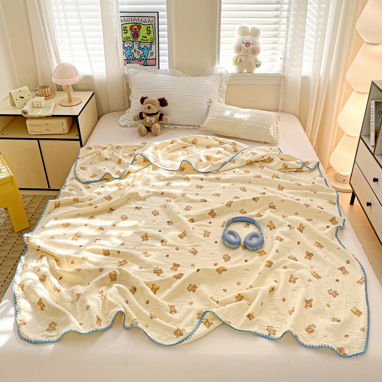 91家纺网 家纺一手货源 找家纺 优被业 2026新款A类全棉双层纱布毯夏被毯盖毯婴儿包被 抱抱熊