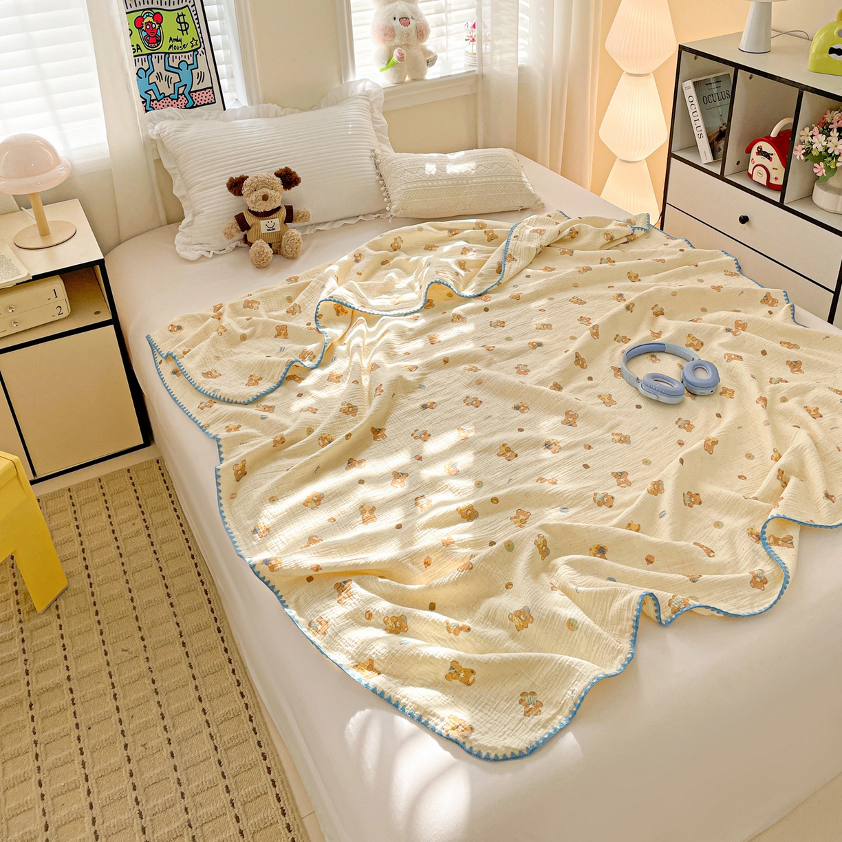 91家纺网 家纺一手货源 找家纺 优被业 2026新款A类全棉双层纱布毯夏被毯盖毯婴儿包被 抱抱熊