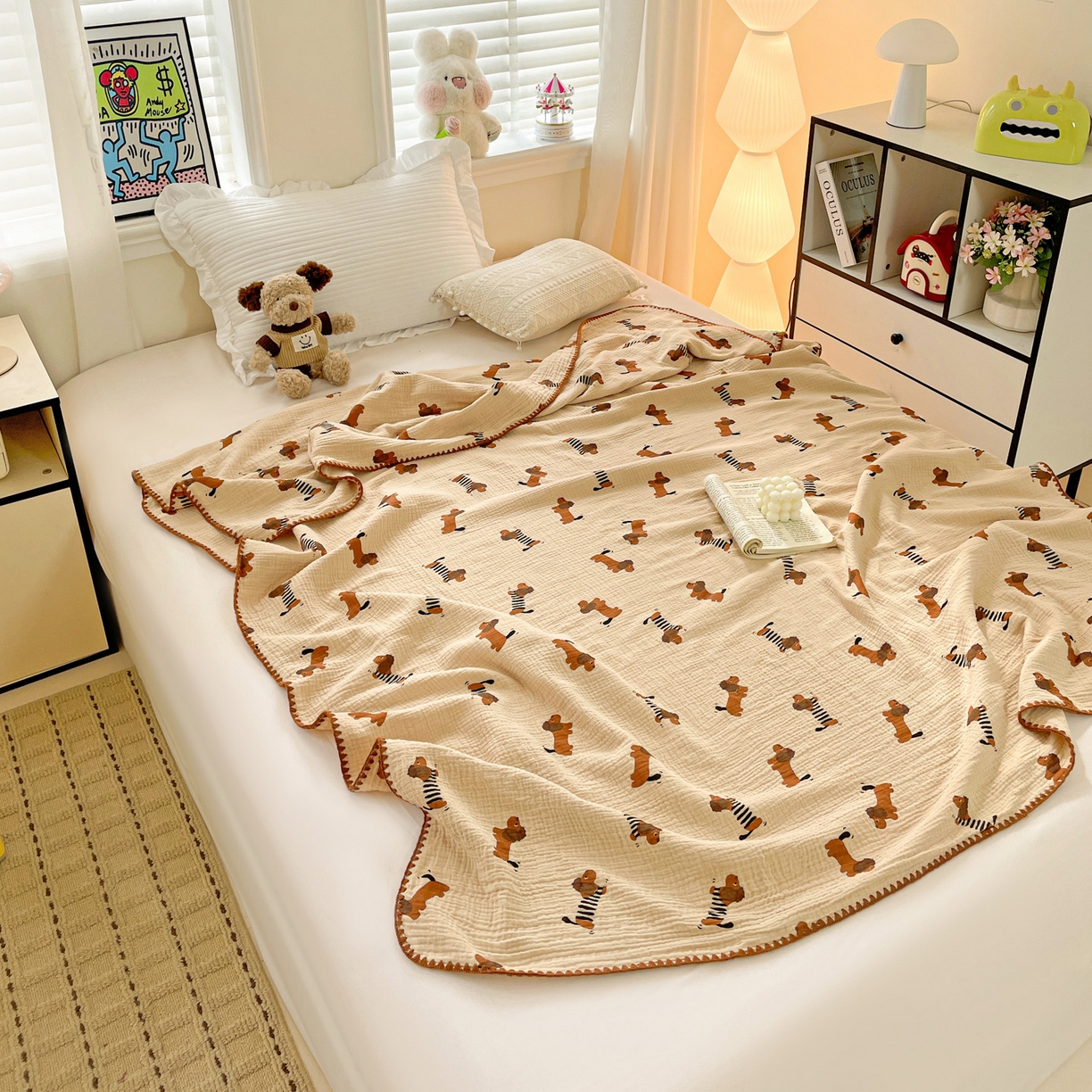 91家纺网 家纺一手货源 找家纺 优被业 2026新款A类全棉双层纱布毯夏被毯盖毯婴儿包被 腊肠狗